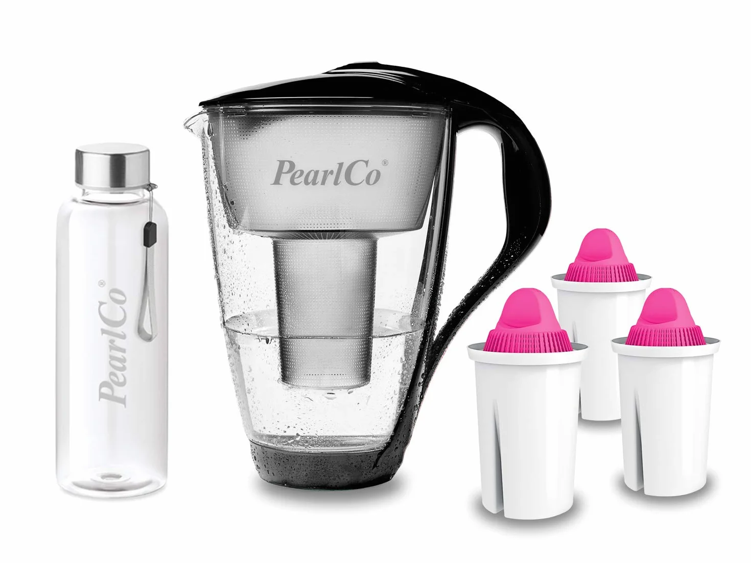 PearlCo - Szklany filtr do wody (czarny) z 3 wkładami filtrującymi z magnezu Classic + 1 butelka do picia ze szkła