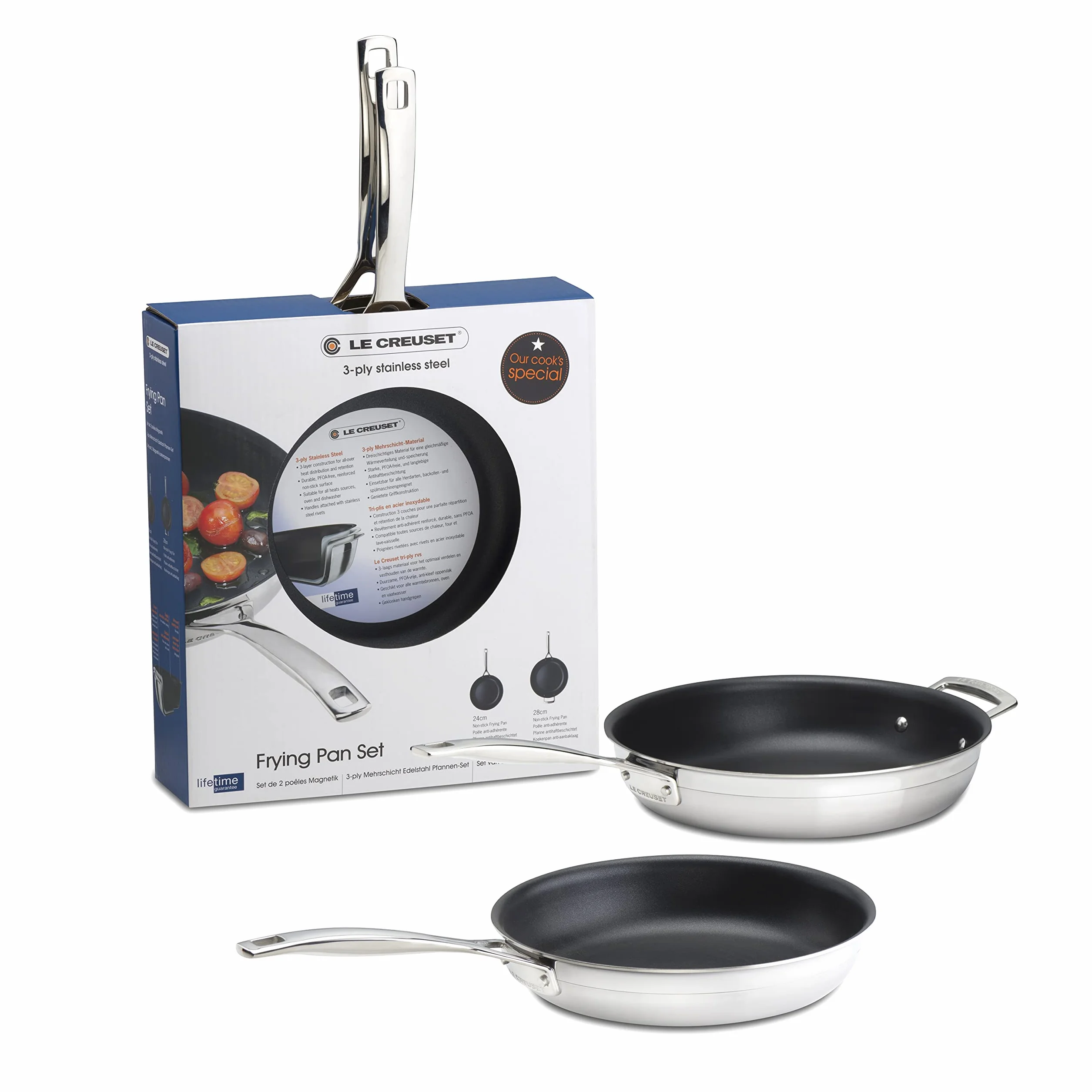 LE CREUSET 3-warstwowe patelnie ze stali nierdzewnej, 24 cm i 28 cm, nieprzywierające patelnie, zestaw podwójny, 53801000000000