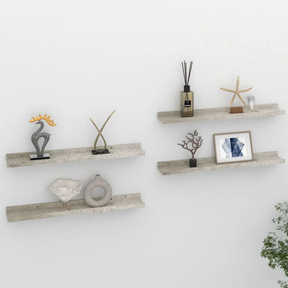 Regały ścienne 4 szt. szary betonowy 60 x 9 x 3 cm, wytrzymałe półki z płyty MDF na książki, rośliny, artykuły dekoracyjne, uniwersalny montaż ścienny do salonu, sypialni