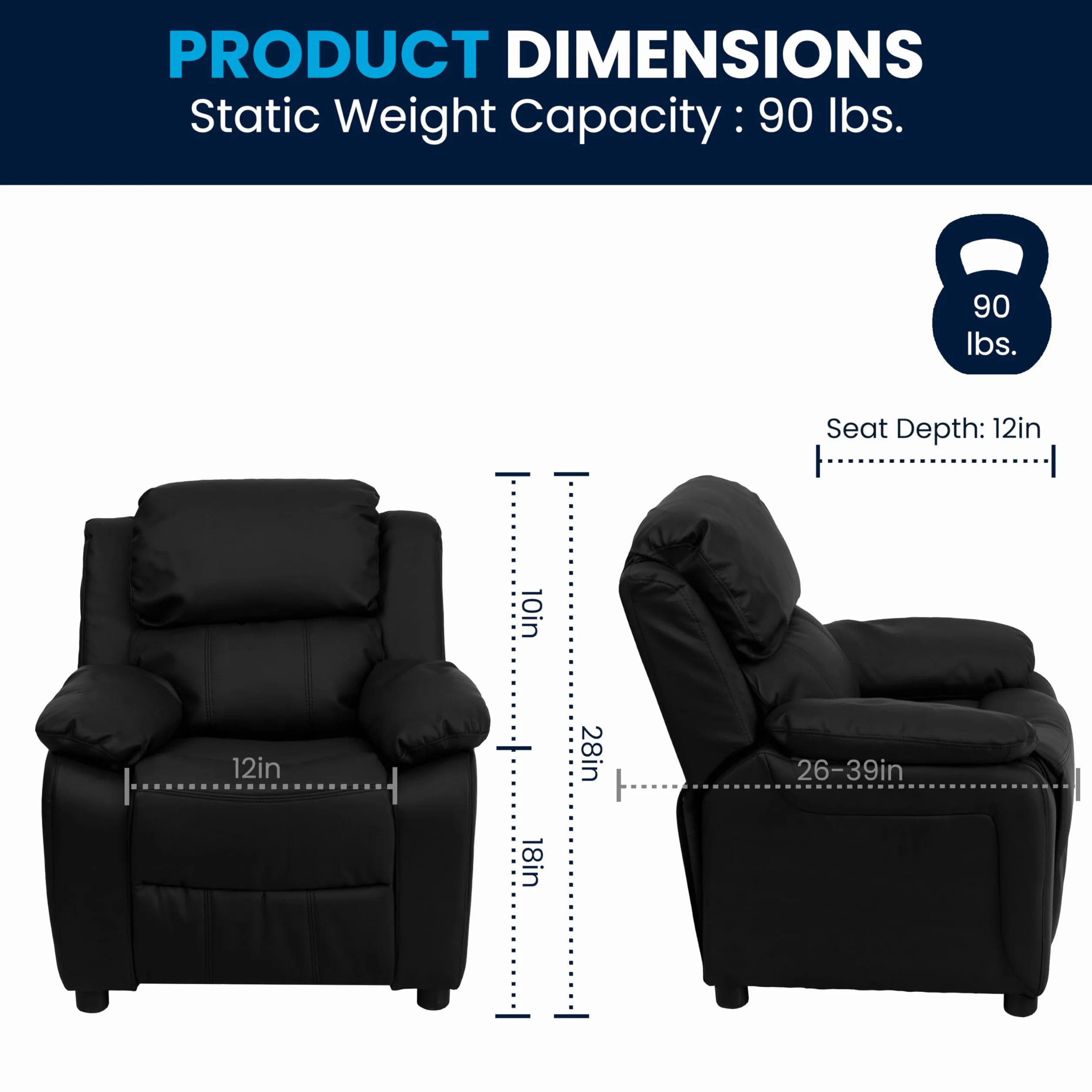 Flash Furniture Deluxe Wyściełany współczesny fotel dziecięcy z podłokietnikami do przechowywania, skórzany, czarny, 66,04 x 53,34 x 53,34 cm