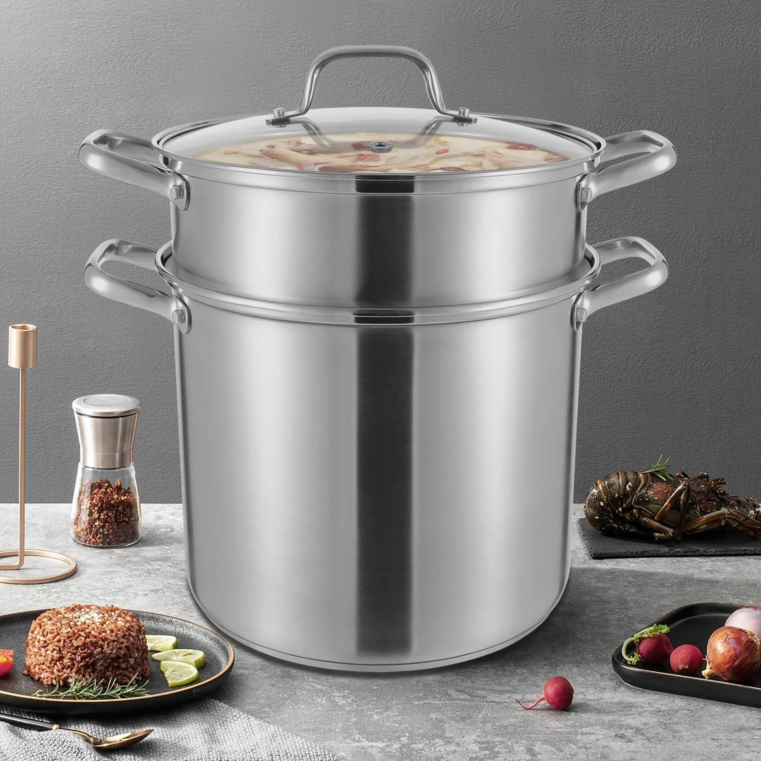 Garnek do gotowania, 8 l, duży garnek ze stali nierdzewnej, z koszem do smażenia i wkładką na parze, garnek do zupy do kuchenek gazowych, indukcyjnych, halogenowych i elektrycznych, nadaje się do