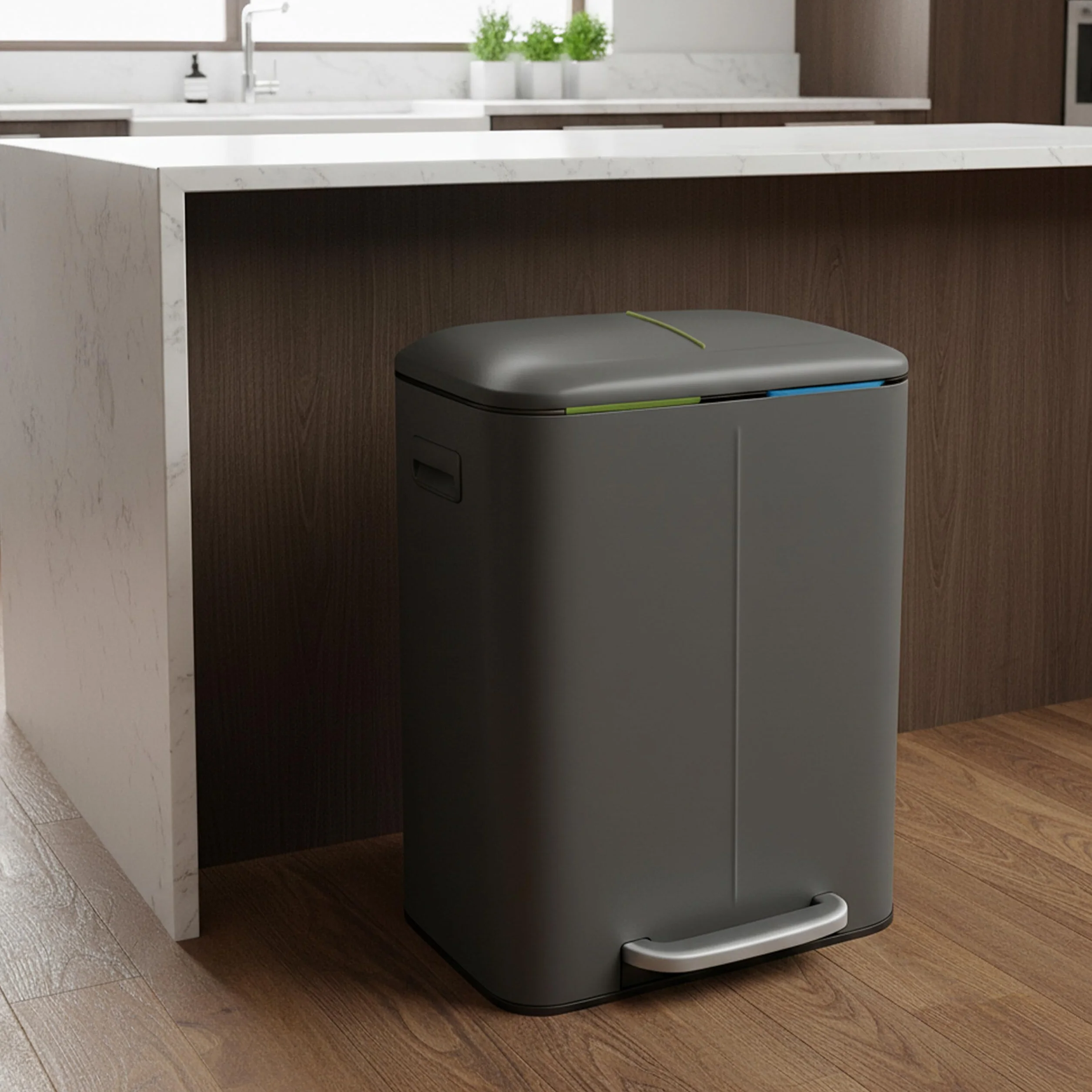 Relaxdays Kosz na śmieci, 2 przegródki, 2 x 20 l, wyjmowany kosz wewnętrzny, Softclose, nożny, metal, kosz na śmieci do kuchni, szary
