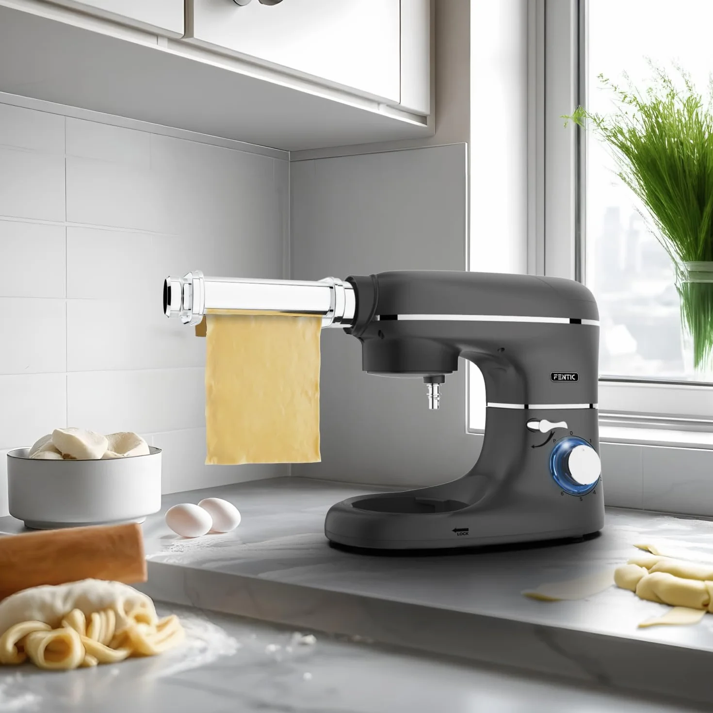 Młynek do ciasta z maszynką do makaronu – 2000W – mieszarka z maszynką do makaronu elektryczna – pasta maker - 6,2L stalowa misa do mieszania (szary)