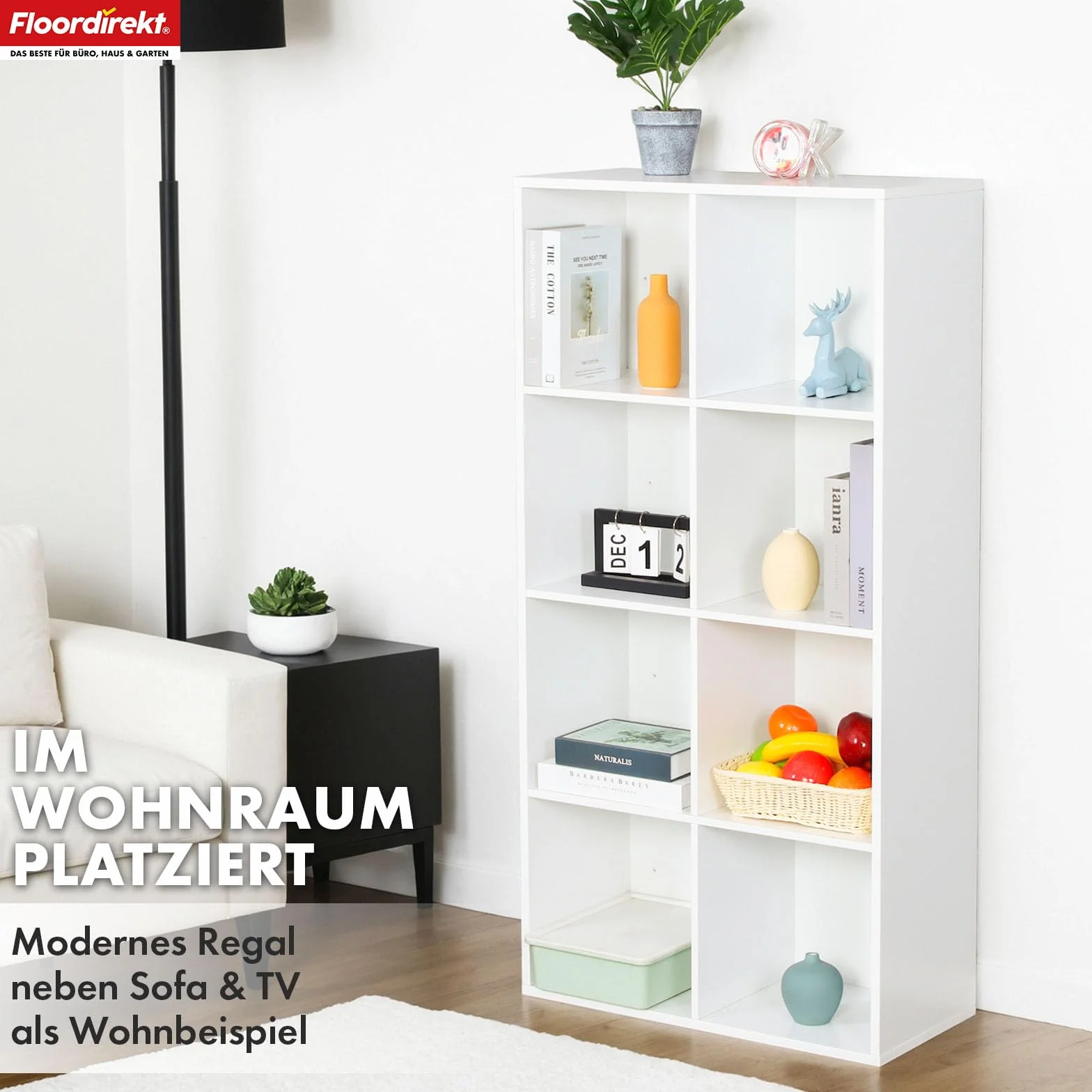 Floordirekt Regał na książki, biały z 8 półkami, regał w kształcie kostki, 30 x 65,5 szer. x 129,5 wys. cm, ścianka działowa do pokoju dziecięcego, salonu, biura i sypialni (Arkansas)