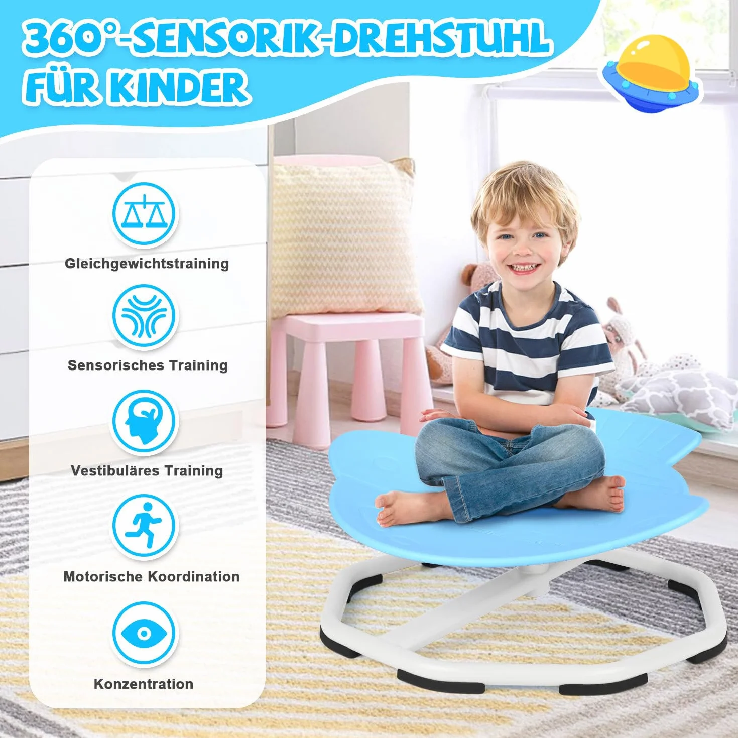 Sensoryczne krzesło obrotowe dla dzieci z autyzmem ADHD, karuzela 360°, zabawka treningowa koordynacji i równowagi, niebieskie