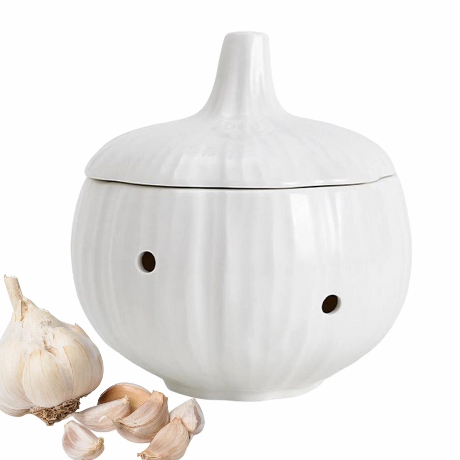 Pojemnik do przechowywania czosnku, ceramiczny, pojemnik imbir z wentylowanymi otworami i pokrywk? , pojemnik z bia?ej kamionki, suszone czosnek chili