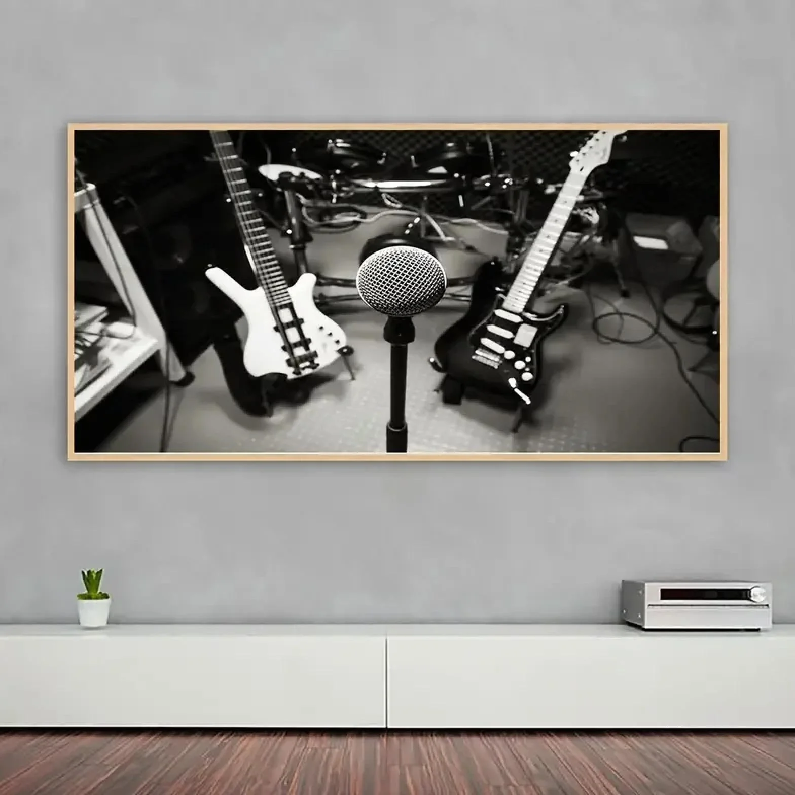 ZHAOLIN Czarno-biały styl plakat z nadrukiem na płótnie, instrumenty muzyczne obraz na gitarze, sztuka ścienna na płótnie, grafika farba ścienna 55 x 110 cm wewnętrzna ramka