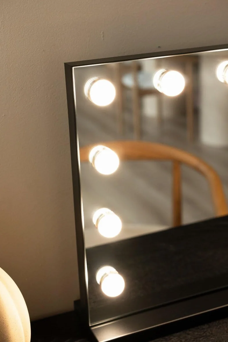 SensaHome Lustro Toaletkowe Pro - Hollywoodzkie Lustro do Makijażu z 12 Regulowanymi Lampami LED, 3 Tryby Światła, 60x40cm - Czarny