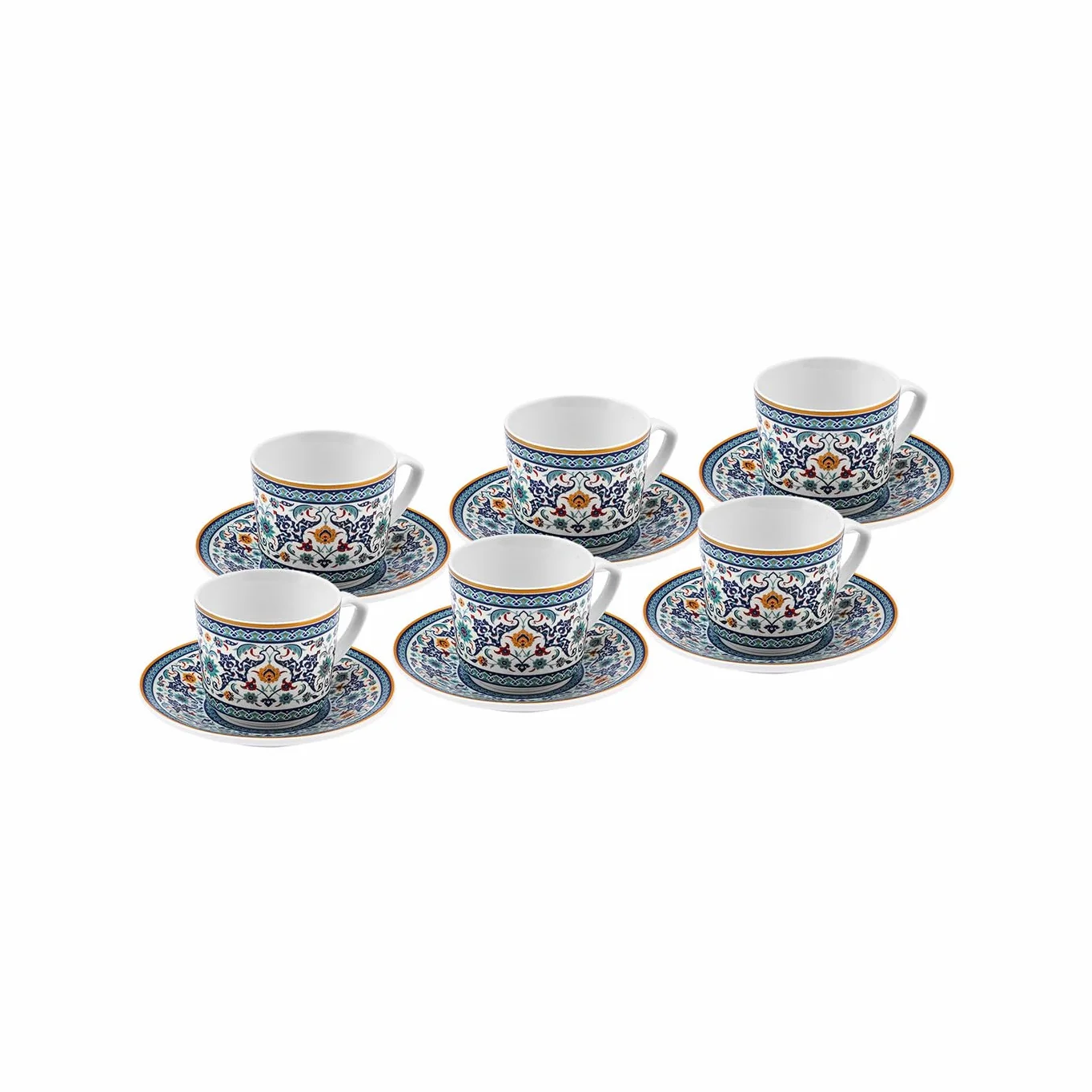 Karaca Beylerbeyi Porcelanowa turecka filiżanka do kawy, zestaw 6 sztuk, 12 sztuk, 80 ml, biały niebieski wielokolorowy