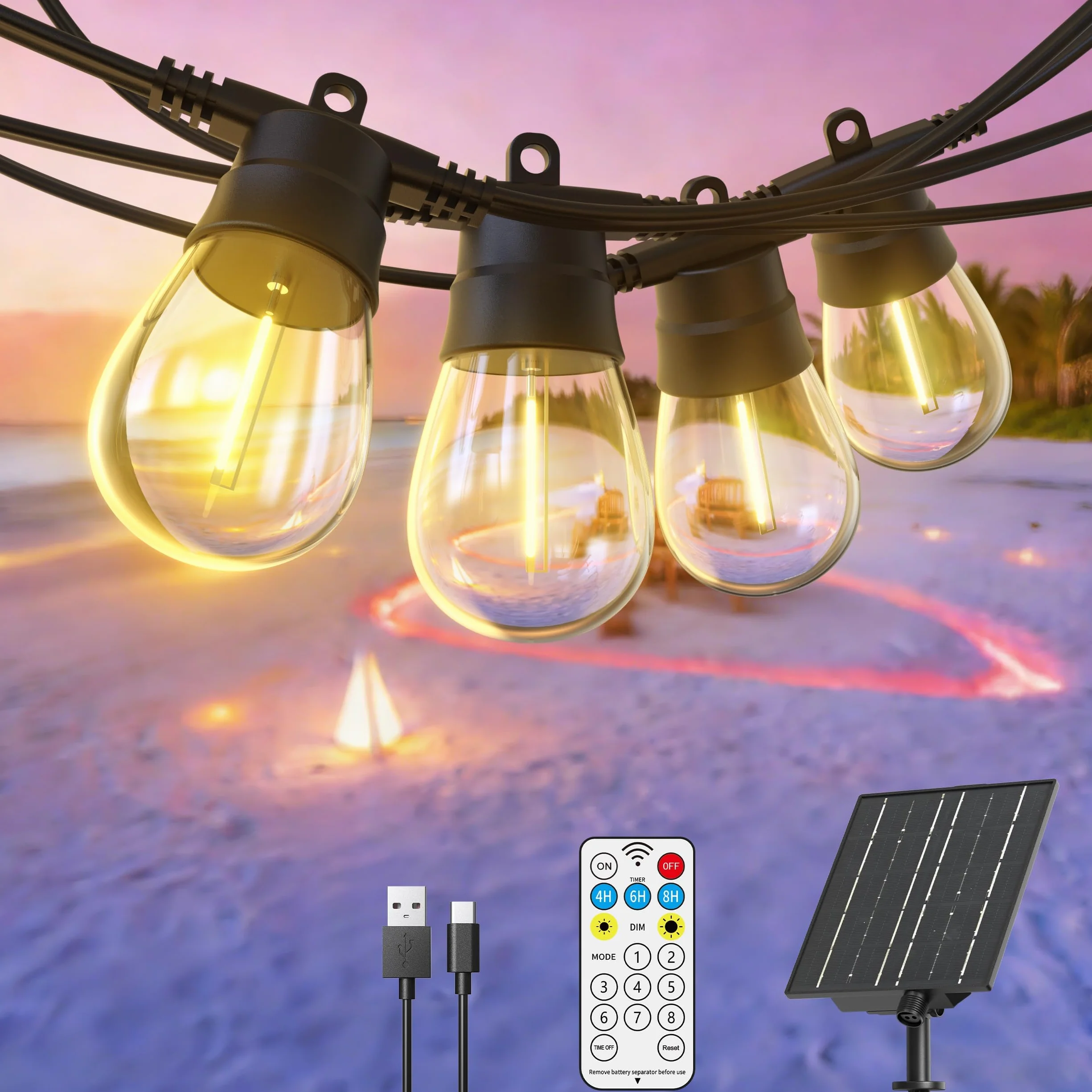 GlobaLink 16,3 m Solarna Girlanda Ogrodowa, 15 Żarówek S14, Regulacja Jasności, 8 Trybów Oświetlenia, Timer, 2700K Ciepła Biała, Wodoodporna IP65 do Ogrodu, Patio i Altany