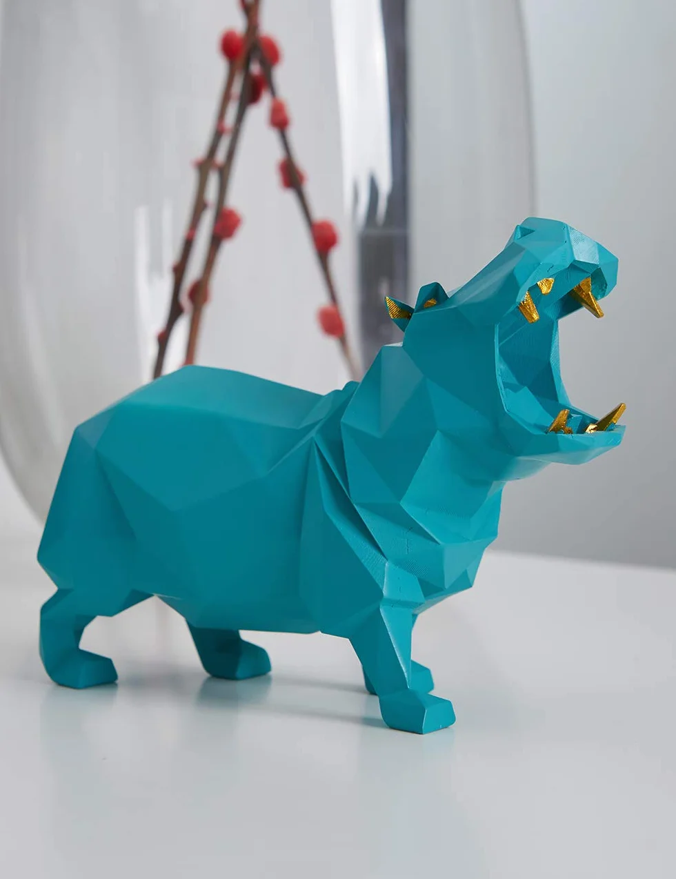 Amoy-Art Hippo Prezenty Sztuka Rzeźba Zwierzę Wystrój Nowoczesna Figurka Domowa Statua Stół Centralny Rzemiosło Polyresin Ornament Niebieski 18 cm