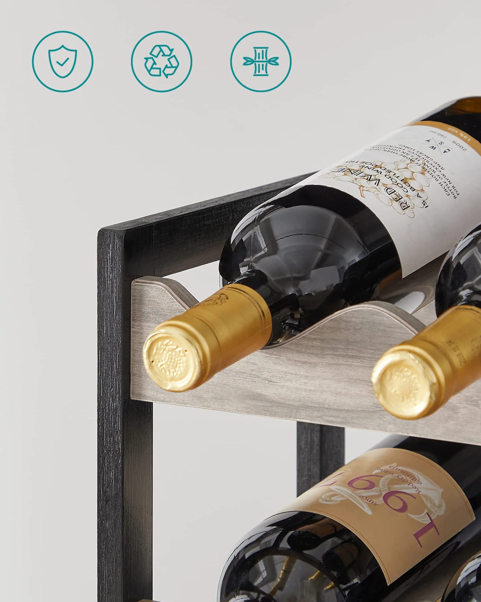 SONGMICS Stojak na wino nablatowy Stojak na butelki z 3 półkami mieści do 12 butelek Uchwyt na butelki Bambusowa kuchnia Bar Jadalnia Salon Greige-Black KWR011W01