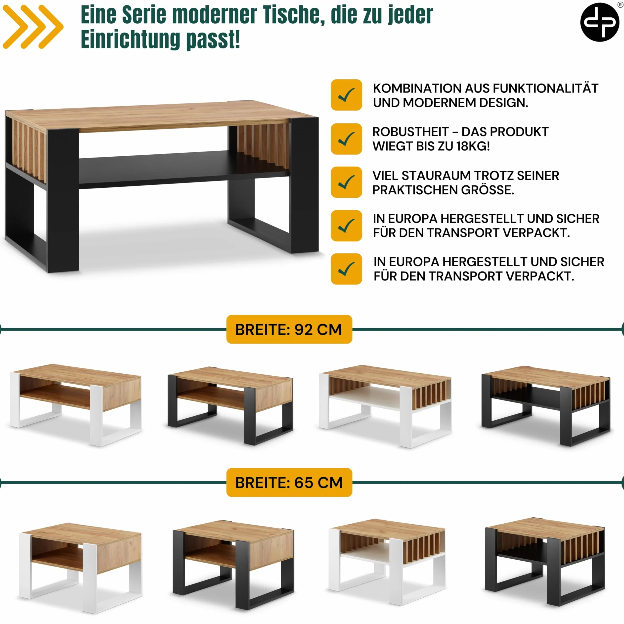 defiPad® Nowoczesny stolik kawowy z lammelami, szerokość 92 cm, duży stół do salonu, dąb | lity i stabilny | kolor czarny