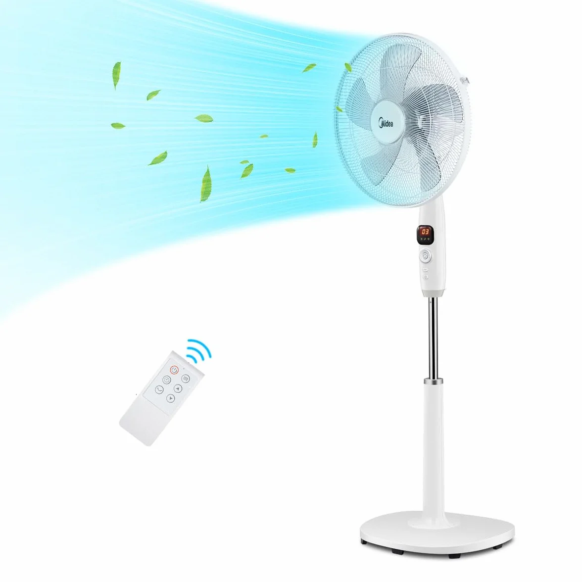 Midea FS40-16CR DC wentylator stojący, cichy, z pilotem zdalnego sterowania, 12 prędkości, timer 12 h, 4 tryby, wskaźnik LED, energooszczędny, 27 dB, regulacja wysokości, cyrkulacja powietrza, biały