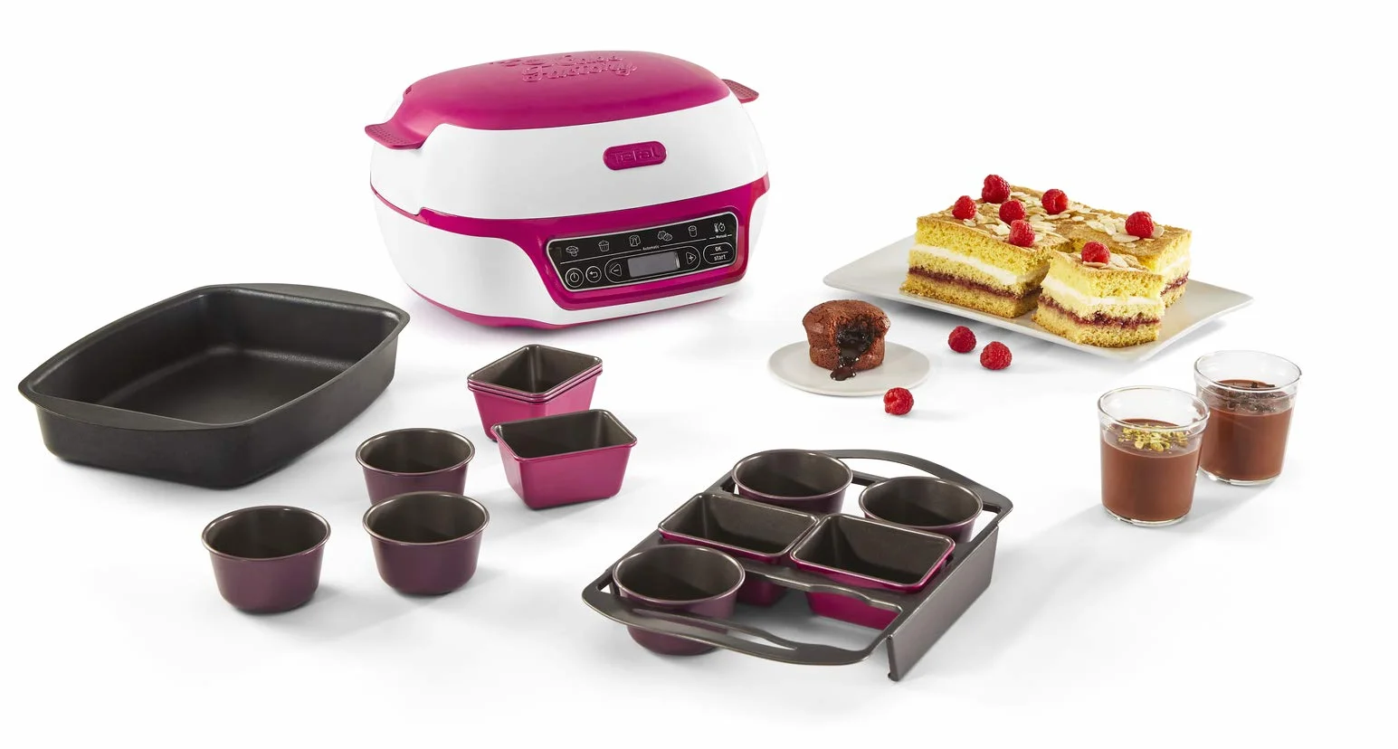 Tefal Inteligentna maszyna do ciasta, 5 automatycznych programów, 1 tryb ręczny, 12 foremek do mini ciast, 1 duża forma, kompatybilna z serią CreaBake, fabryka tortów rozkoszy KD810112