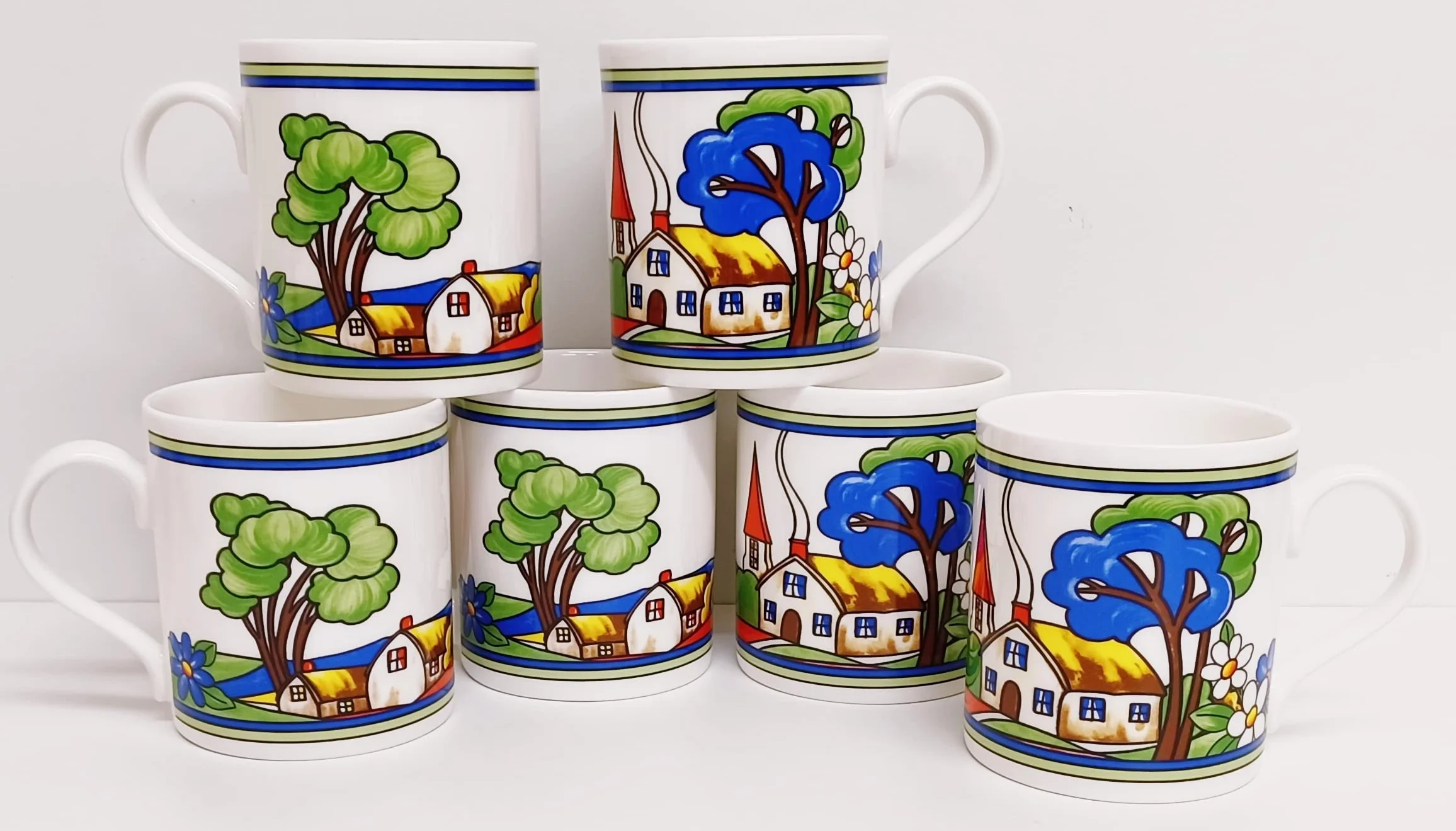 Village Art Deco kubki, zestaw 6 dużych kubków Balmoral, 425 ml, wysokiej jakości porcelana kostna, ekskluzywne, wiejskie kubki do sceny, ręcznie dekorowane w Wielkiej Brytanii
