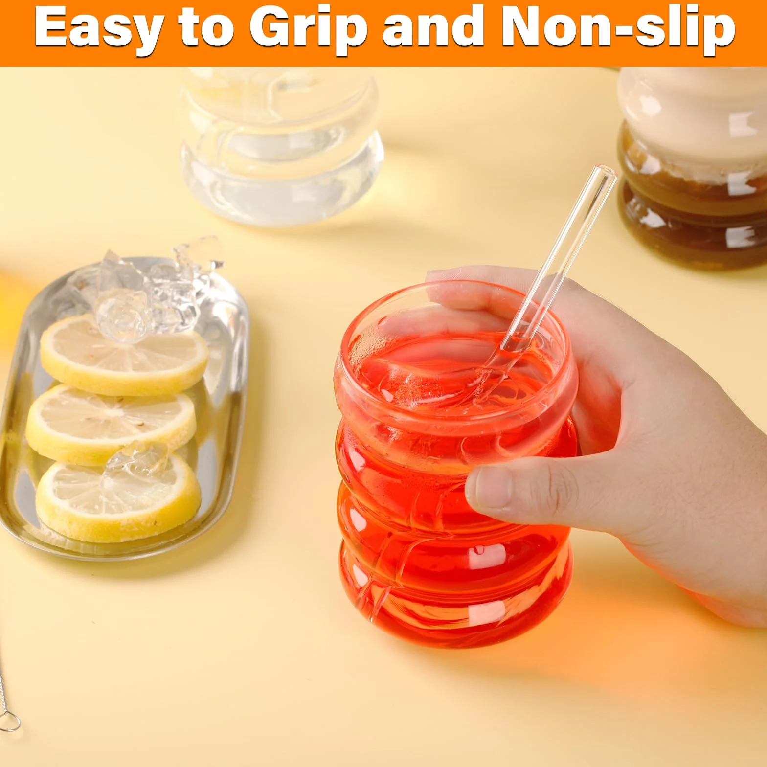 Withosent Szklanki bąbelkowe 300ml ze słomką, zestaw 4 żebrowanych szklanek do picia, szklanki Wave Tumbler, szklanki do wody na latte macchiato, mrożoną kawę, whisky, koktajle, jogurt, napoje