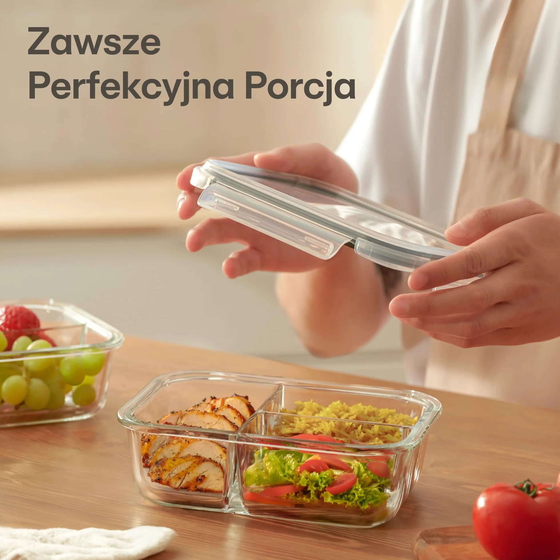 Szklane Pojemniki z 3 Komorami - Zestaw 2 Szklanych Pojemników na Żywność 1l - Hermetyczne - Odporny na Zmywarkę, Mikrofalówkę i Zamrażarkę