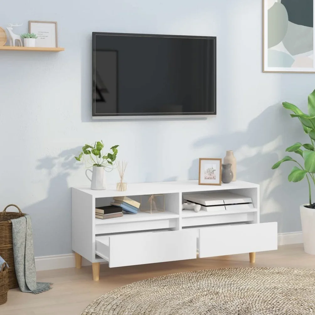 Szafka TV, biała, 100 x 34,5 x 44,5 cm, materiał drewnopochodny, konsola medialna do salonu, stabilna podstawka pod telewizor, centrum rozrywki