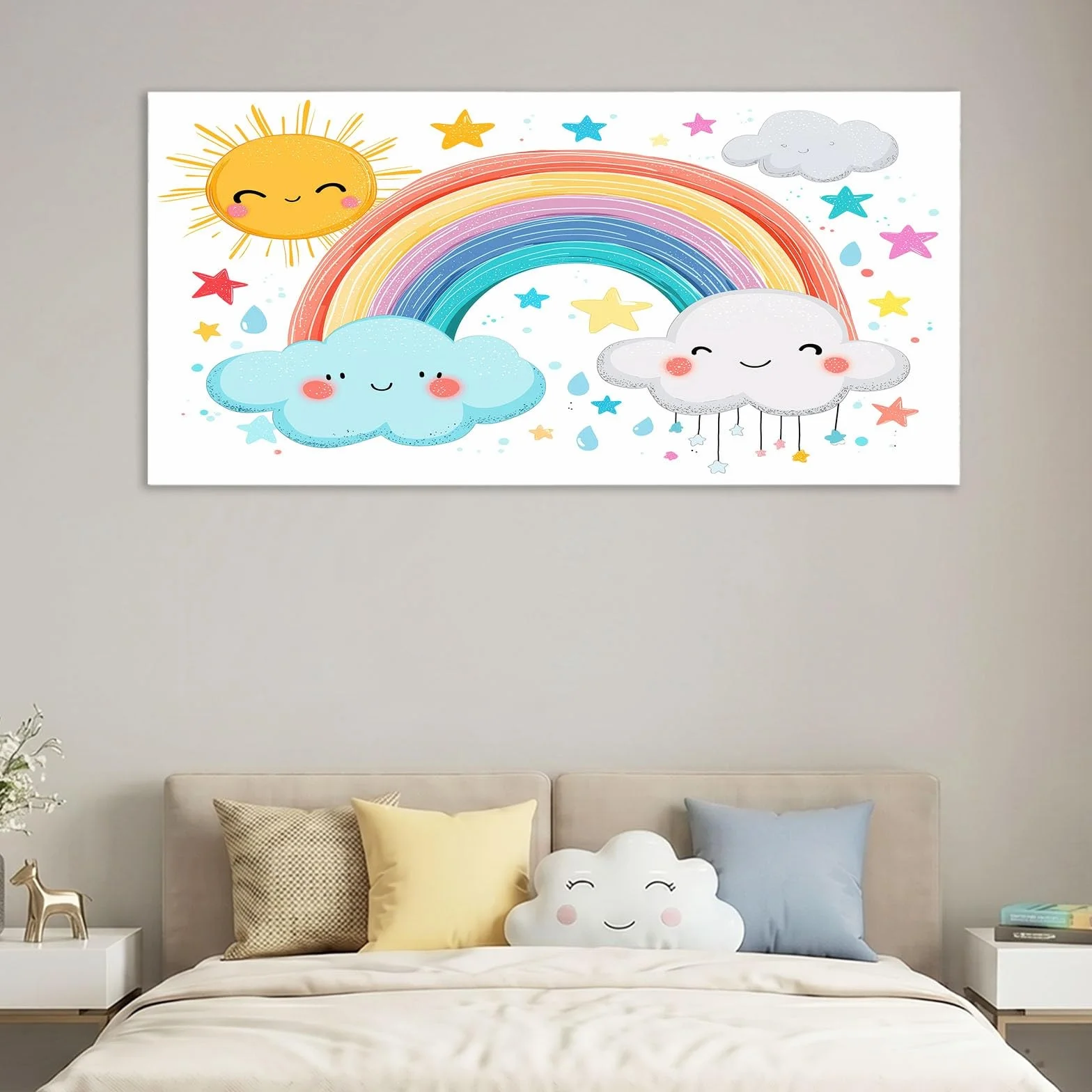 Obrazy na płótnie, kreskówka, 90 x 60 cm, dla dzieci, obrazy ścienne, druk artystyczny, biały, tęcza, słońce, chmury, gwiazdy, panoramiczna dekoracja ścienna do salonu, sypialni