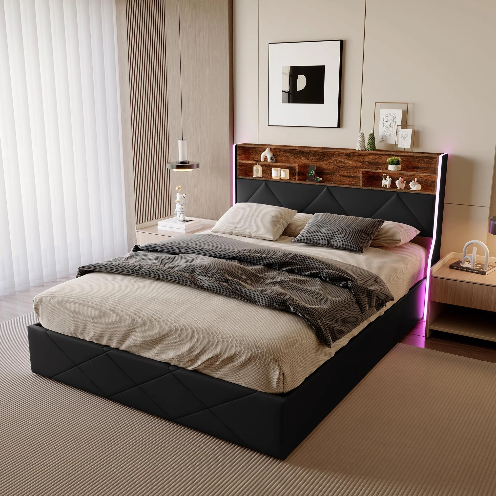 CDQL Łóżko tapicerowane 160 x 200 cm z miejscem do przechowywania, podwójne łóżko z zagłówkiem LED i przyłączem USB, zagłówek z miejscem do przechowywania, łóżko funkcyjne, nadaje się do sypialni i