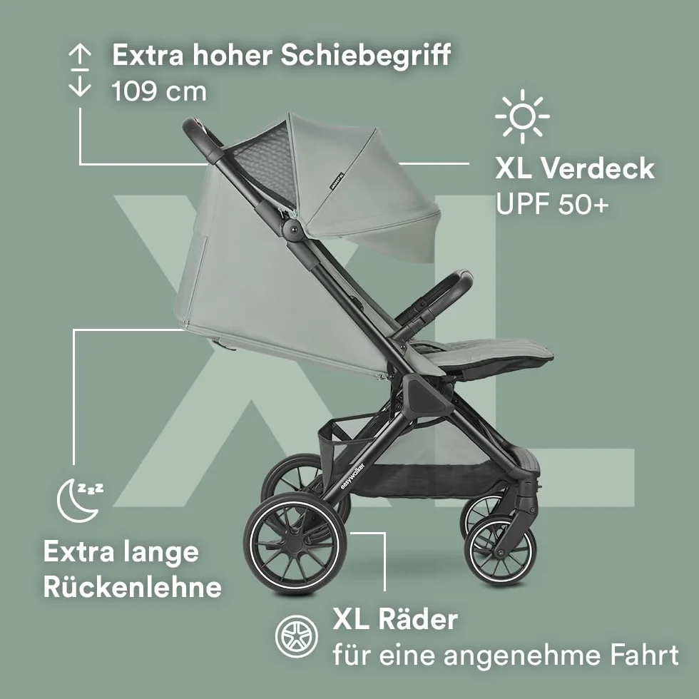 Easywalker Wózek dziecięcy Jackey² XL 0-22 kg, automatyczne składanie, przestronny wózek z kółkami XL, osłona przeciwsłoneczna i kosz na zakupy, kompatybilny z fotelikami samochodowymi, agawa zielona
