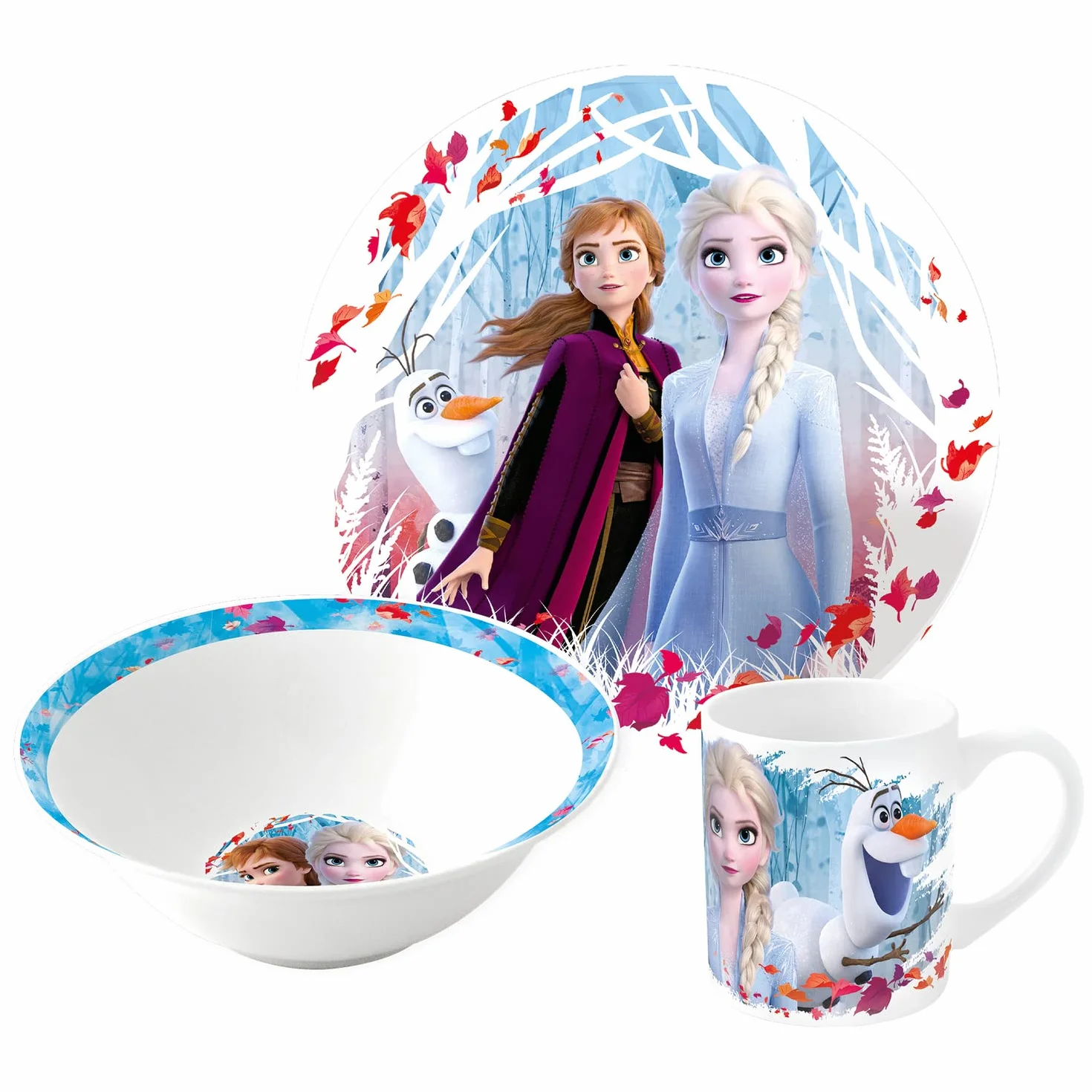 p:os Frozen Zestaw Śniadaniowy, 3-Częściowy Zestaw Naczyń z Talerzem, Miską i Kubkiem, Naczynia dla Dzieci Wykonane z Porcelany, Nadają Się do Mycia w Zmywarce/Mikrofalówce
