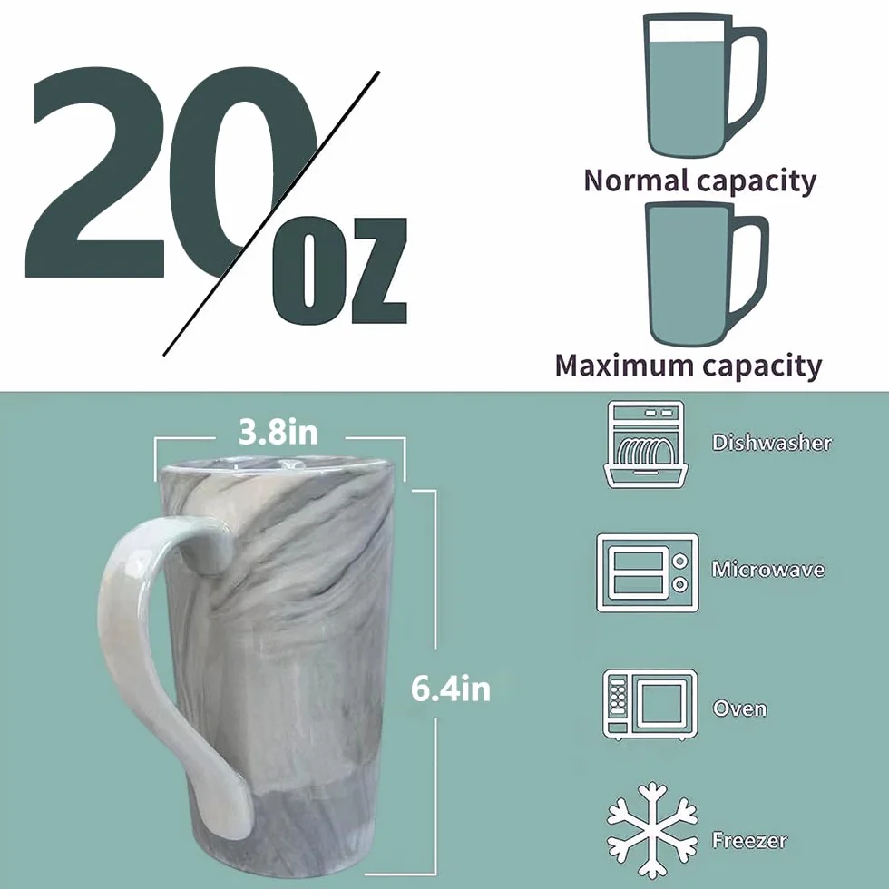 Duże kubki do kawy, marmurowe, ceramiczne, zestaw 2 sztuk, porcelanowe wysokie filiżanki do herbaty z bardzo dużym uchwytem, nowoczesne, stylowe i nastrojowe do kuchni, domu, biura, szare
