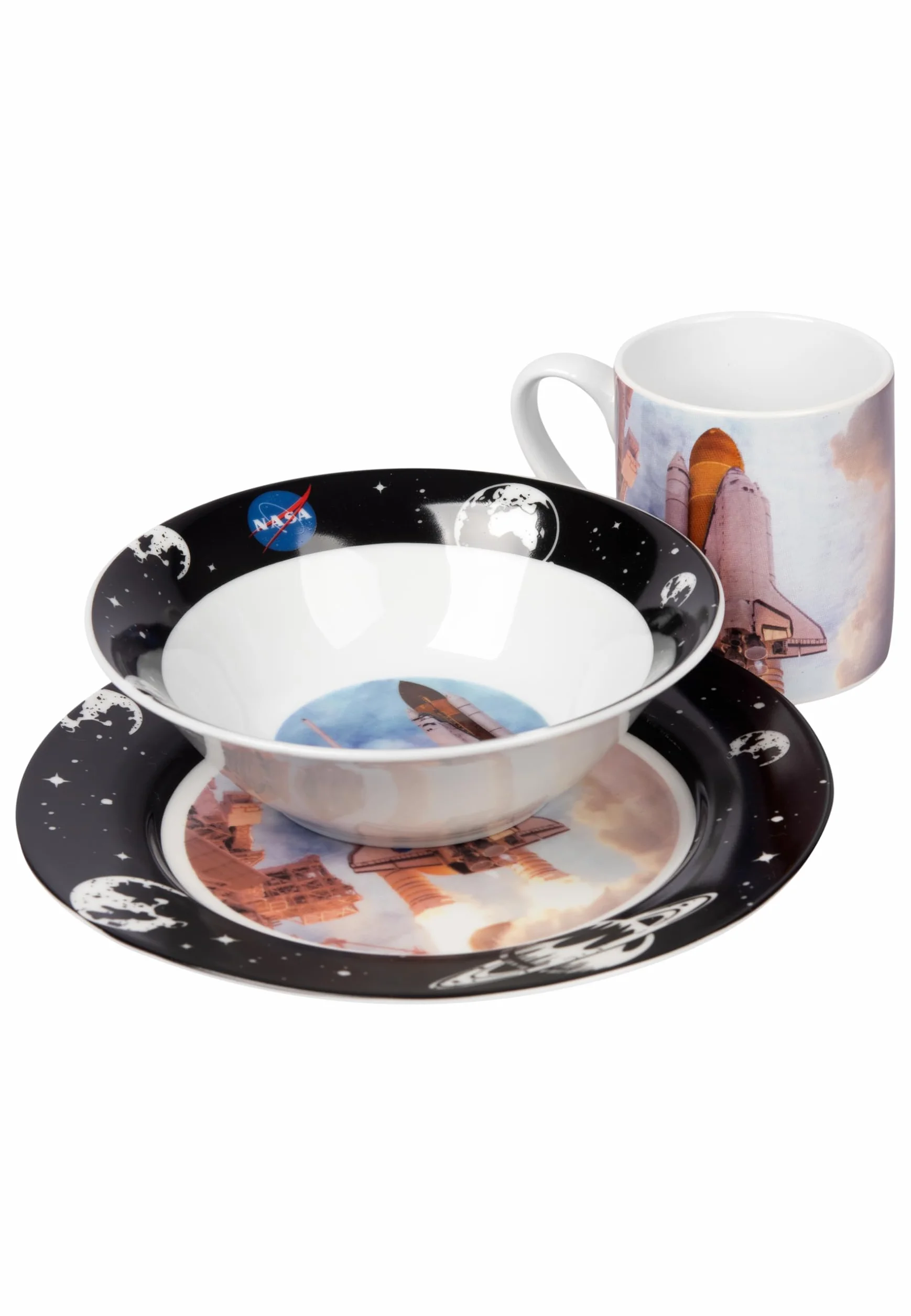 United Labels NASA 3-częściowy zestaw naczyń, czarno-niebieski, porcelanowy zestaw śniadaniowy z talerzem Ø 19 cm, filiżanka 220 ml i miska 330 ml, zestaw naczyń