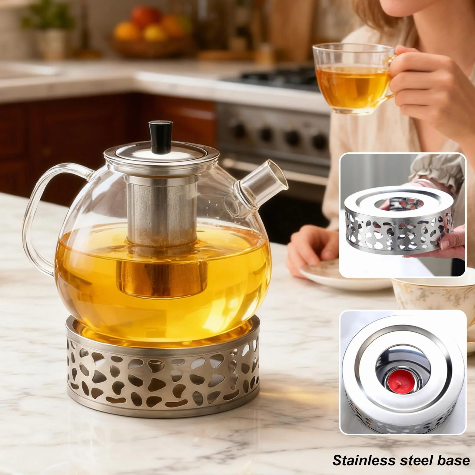 Dzbanek do herbaty ze szkła borokrzemowego, 1500 ml, z sitkiem, podgrzewaczem i pokrywką, nadaje się do mycia w zmywarce, do luźnej herbaty, herbaty owocowej, długo utrzymuje ciepło (1,5 l, nadaje się