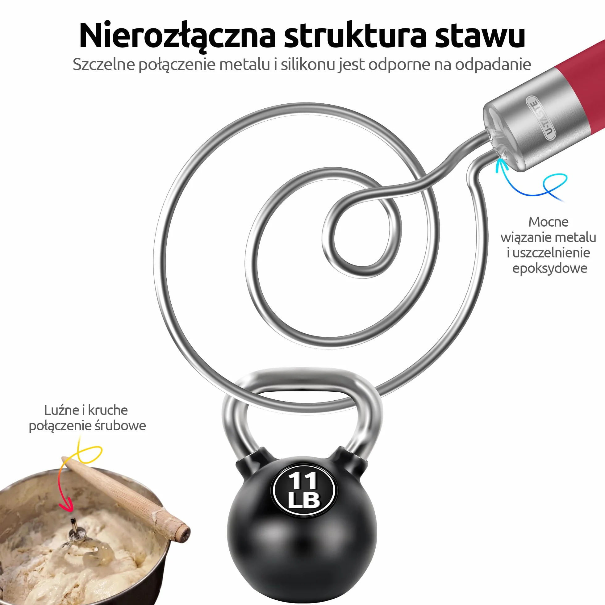 U-Taste Duńska trzepaczka do ciasta: trzepaczka do ciasta ze stali nierdzewnej 18/8, ręczna maszyna do pieczenia chleba o jakości spożywczej z antypoślizgowym silikonowym uchwytem do pieczenia