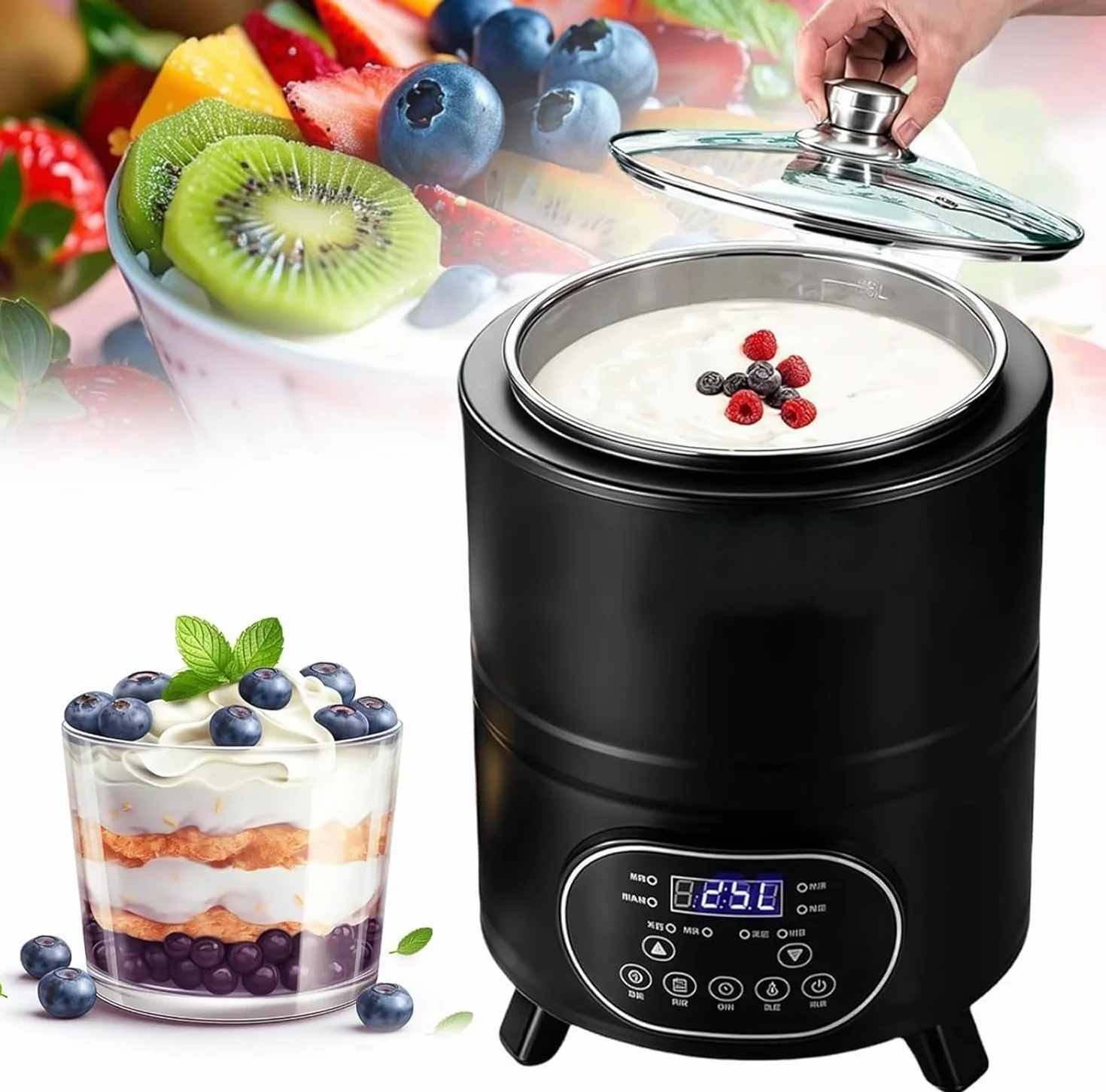 Inteligentna Maszyna Do Jogurtu O Stałej Temperaturze 360°, Jogurtownik 8L/12L Z Automatyczną Regulacją Temperatury I Licznikiem Czasu, 7 Trybów Preset, Do Wina Ryżowego(Black,12L)