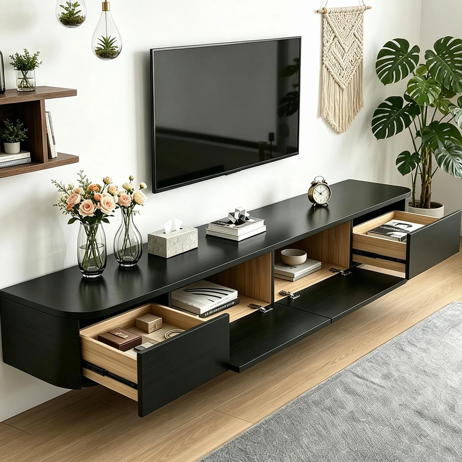 Tv Unit,Floating TV Stand,Wall Mounted TV Cabinet With Door & Drawer,Floating Shelves,Entertainment Media Console Center Large Storage TV Bench For Living Room & Office(B,200x24x20cm)