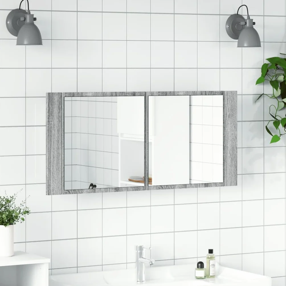 Szafki i przechowywanie – szafka łazienkowa LED z lustrem szara Sonoma 100 x 12 x 45 cm