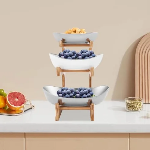 3-poziomowy bambusowy zestaw misek na owoce, dekoracyjny ceramiczny uchwyt na przekąski na blat kuchenny, wielofunkcyjny wyświetlacz na orzechy, ciastka, desery i owoce