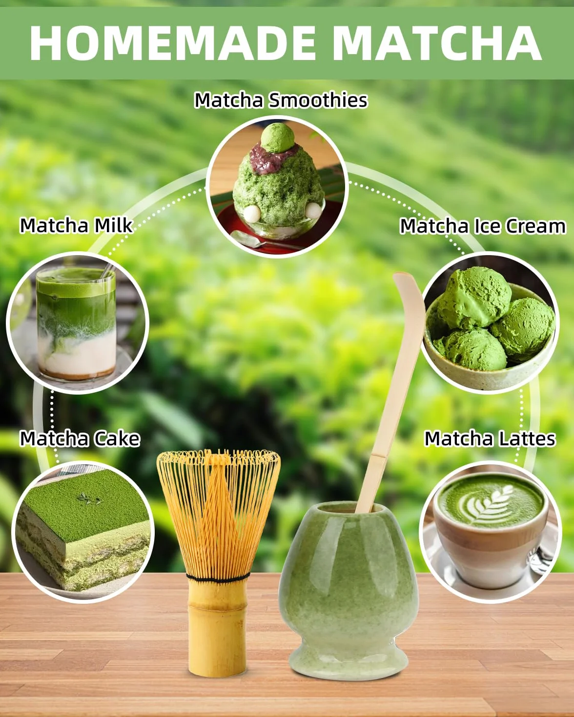 Zestaw Matcha - 5-częściowy zestaw japońskiej matchy, z miotłą, miską, uchwytem na łyżkę i sitkiem - zielony, japoński, ceramiczny, 5 szt