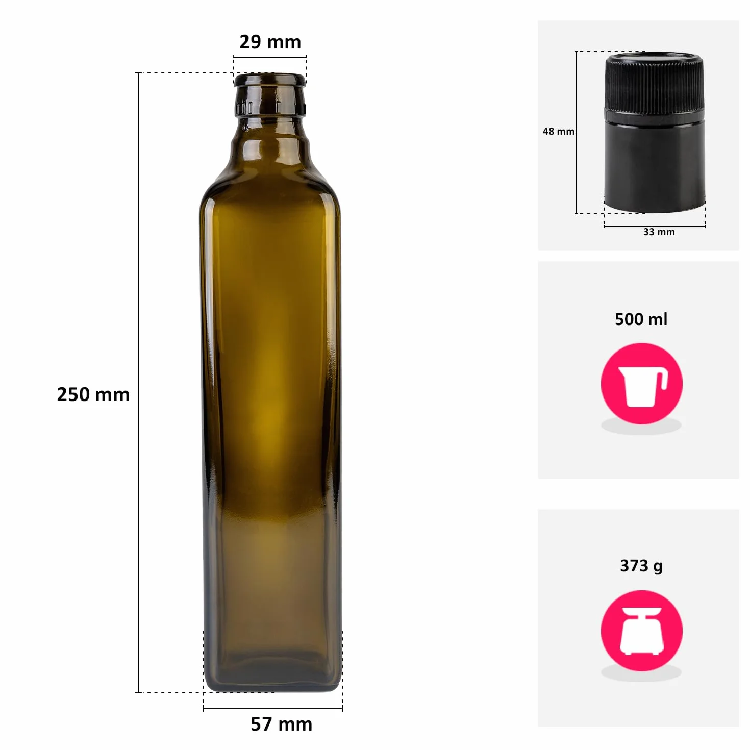 20 sztuk szklanych butelek Marasca 500 ml w kolorze oliwkowym z zamknięciem Guala – na oliwę z oliwek, ocet i oliwę