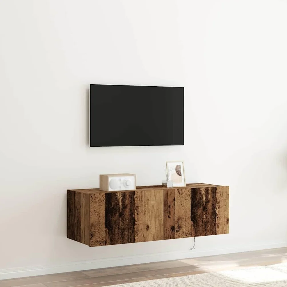 Szafka ścienna pod telewizor, zestaw 2 sztuk, wygląd starego drewna, 100 x 35 x 31 cm, materiał drewnopochodny, unoszący się regał na media do salonu, wszechstronne oświetlenie LED, uchwyt na