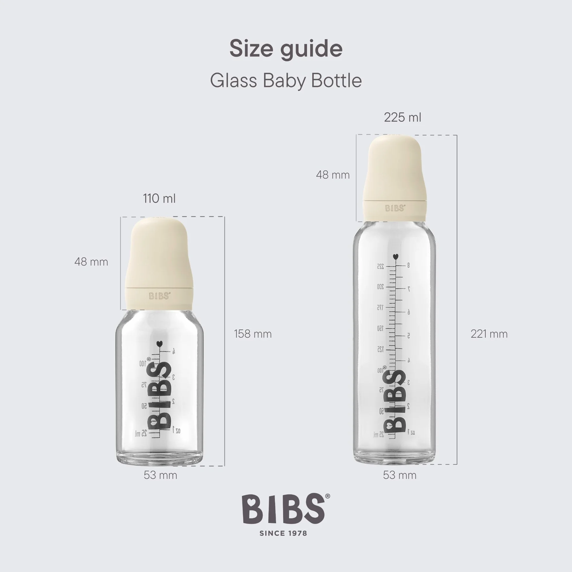 Butelka ze szkła BIBS. Antykolka, zestaw 2 szt. Okrągły smoczek z naturalnego lateksu kauczukowego, wspomaga naturalne karmienie piersią, kompletny zestaw - 225 ml (opakowanie 2), Ivory