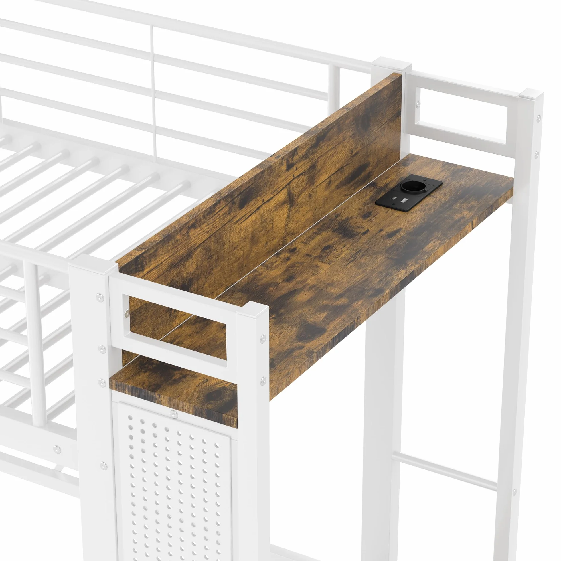 OKMYHOME Łóżko antresolowe 90x200 cm - łóżko dekoracyjne z biurkiem i miejscem do przechowywania - metal i MDF - bez materaca - białe