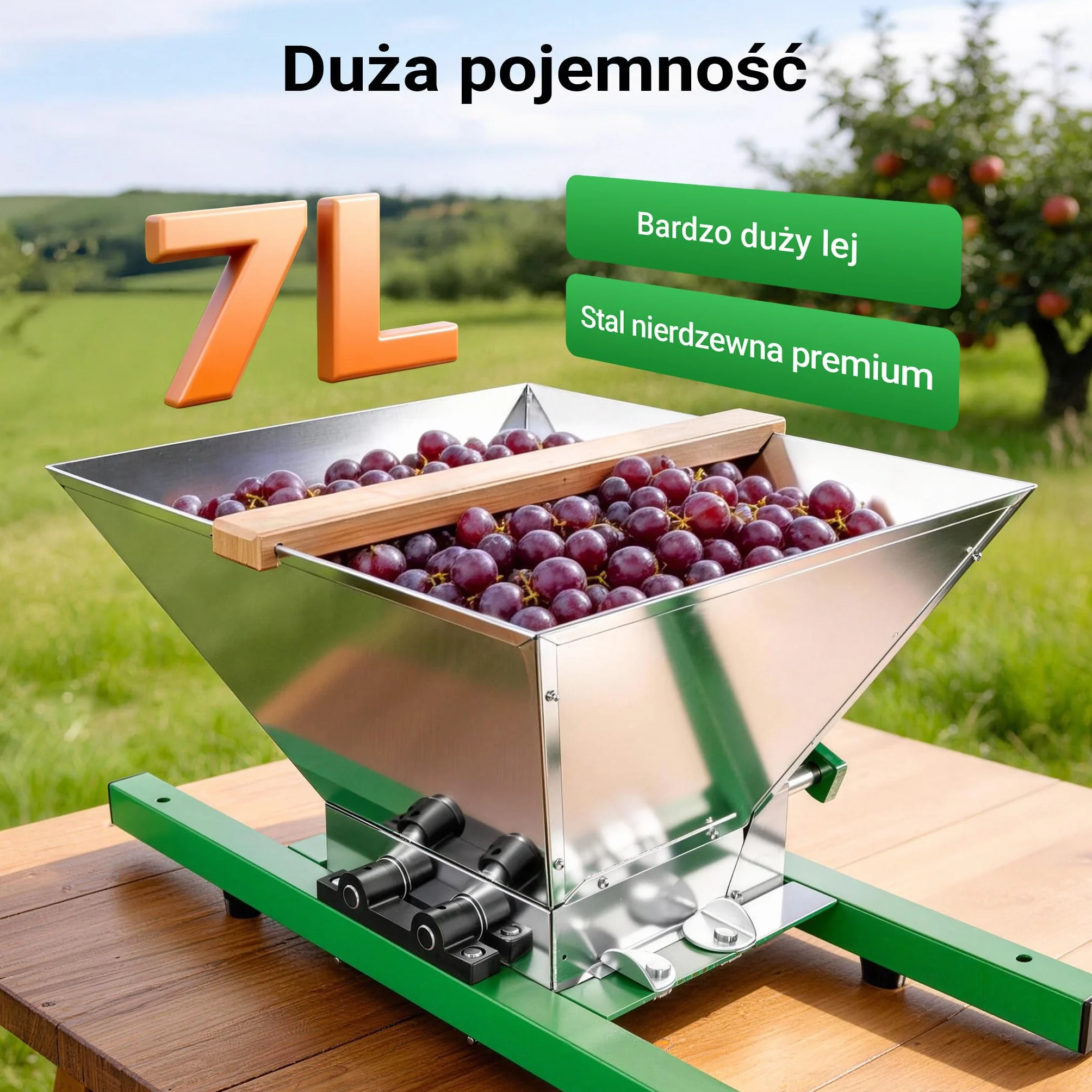 Wiltec Młynek z 7 litrowym zbiornikiem, rozdrabniarka do winogron z korbką, kruszarka do miękkich owoców np. winogron i jagód