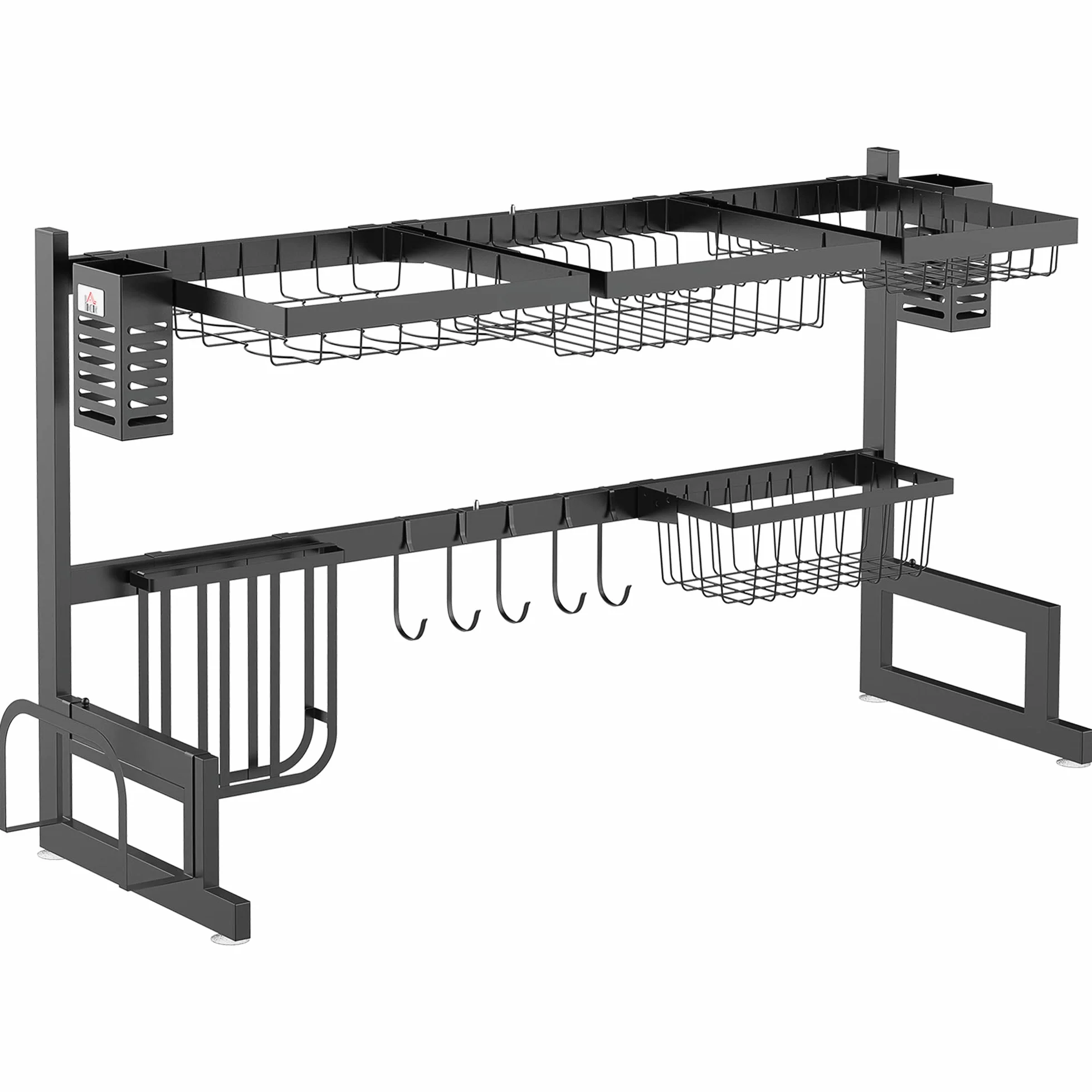 HOMCOM Ociekacz na mokro, suszarka nad zlewem, 2 poziomy, uchwyt na noże, stojak na deskę do krojenia, organizer kuchenny, 93 x 30 x 52,5 cm, stal czarna