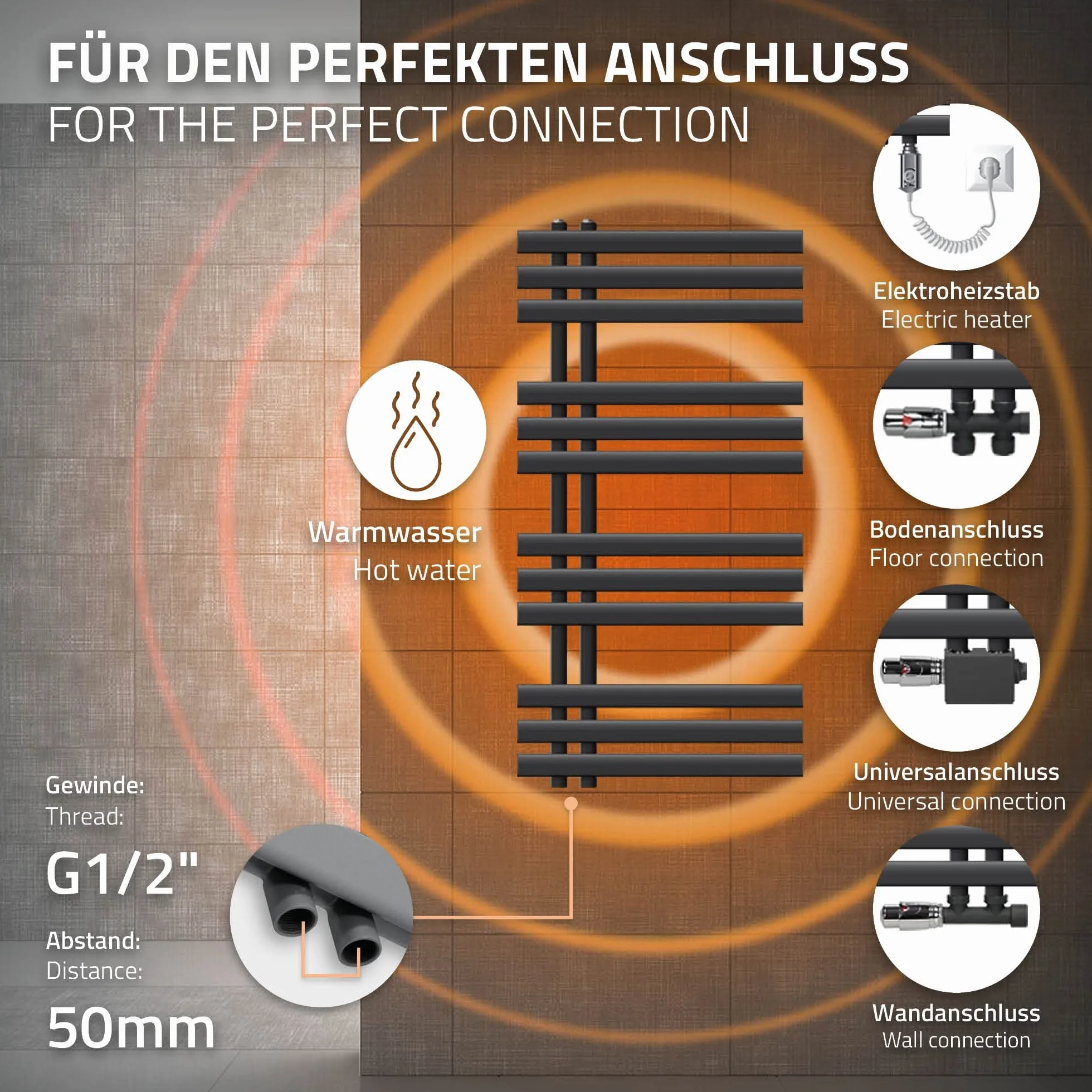 ECD Germany Iron EM Design Grzejnik łazienkowy elektryczny 500 x 1000 mm Antracyt z prętem grzewczym 300W Chrom Duża pojemność - Design Radiator Panel Radiator Towel Warmer Towel Dryer