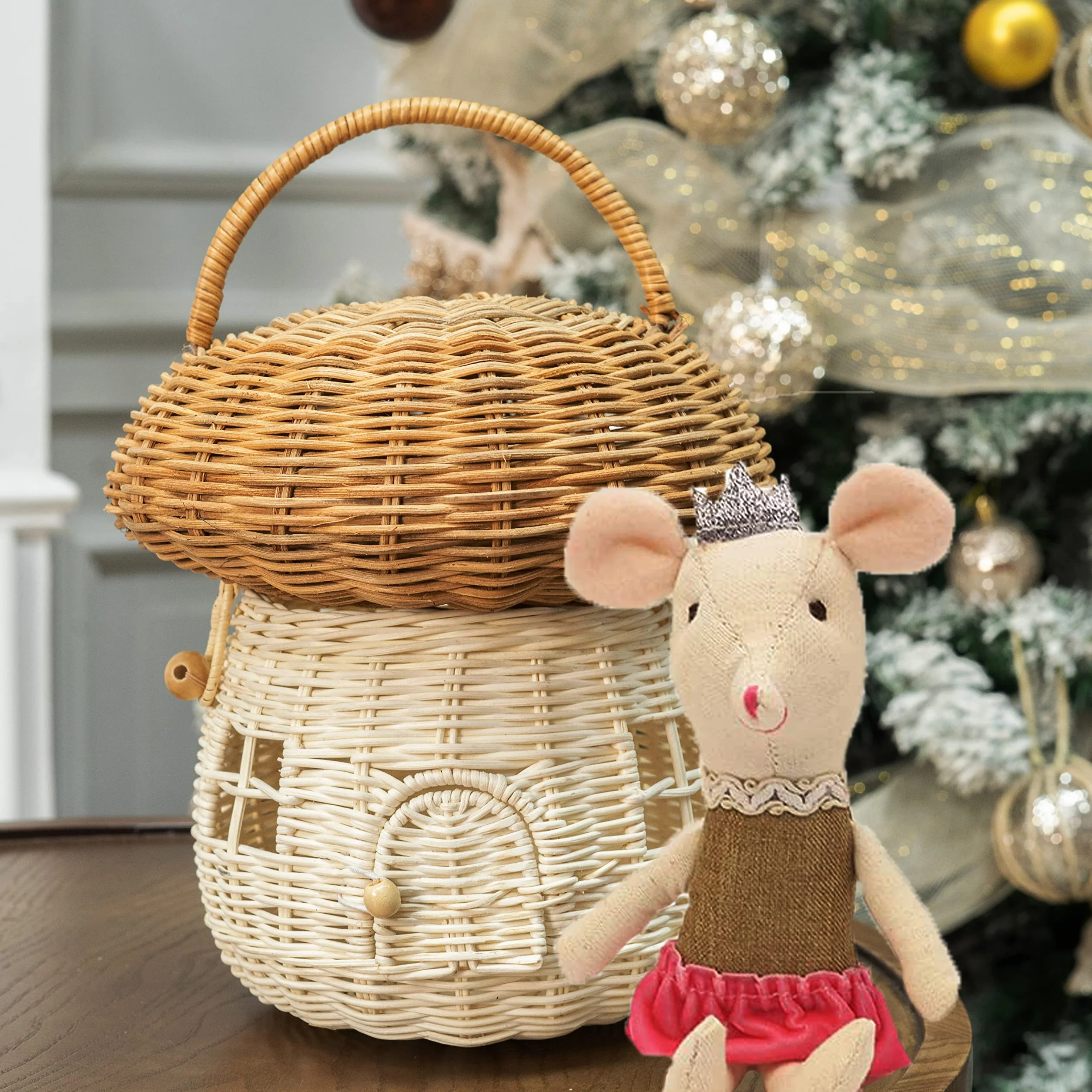 KOLWOVEN Rattanowy kosz do przechowywania grzybów z pokrywką, mysz w pudełku, mały domek dla lalek, dekoracyjny, ręcznie tkany organizer na półkę, uroczy, ręcznie robiony, ręcznie robiony, prezent,