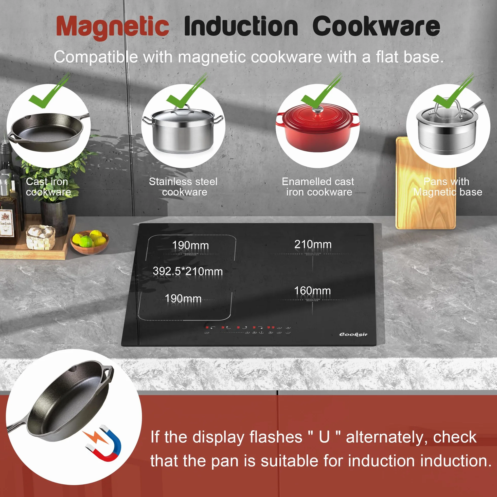 Płyta indukcyjna z wtyczką, Cooksir Płyta Indukcyjna 4 płyty, Wbudowana 60CM, Elastyczna Połączona Strefa, Płyta Kuchenna Autonomiczna, 3500Wat, 220V, 50Hz, wtyczka 16A