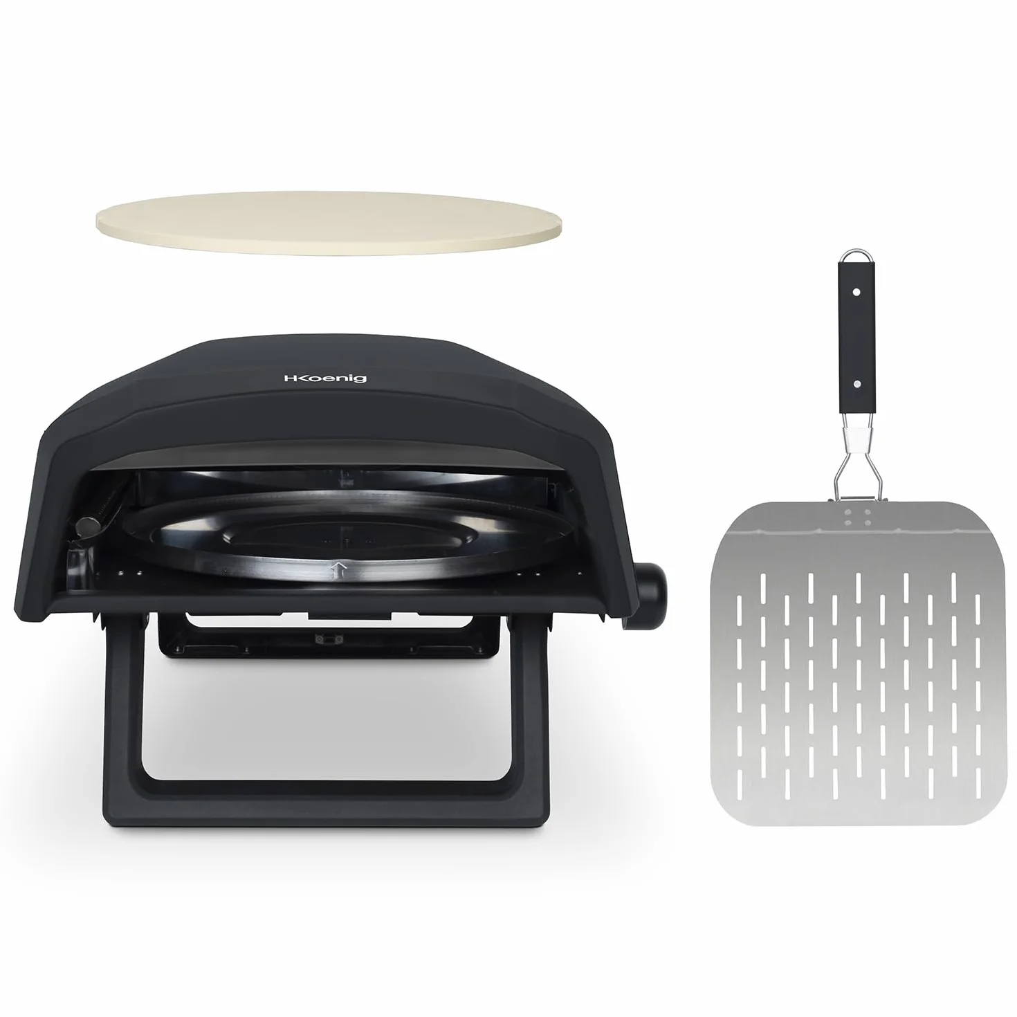H.Koenig GINO640 piec do pizzy gazowy, stal nierdzewna, 32 cm, powierzchnia obrotowa o 360 stopni, kamień Cordierite, do 500°C, składane nóżki, łopatka do pizzy i regulator
