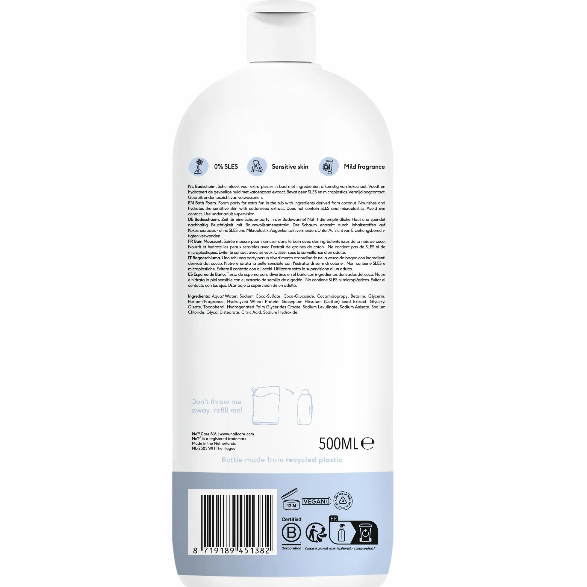 Naïf - Odżywcza pianka do kąpieli - z olejem z nasion bawełny - dla niemowląt i dzieci - Bez SLES, mikroplastików, parabenów i oleju mineralnego - 500ML