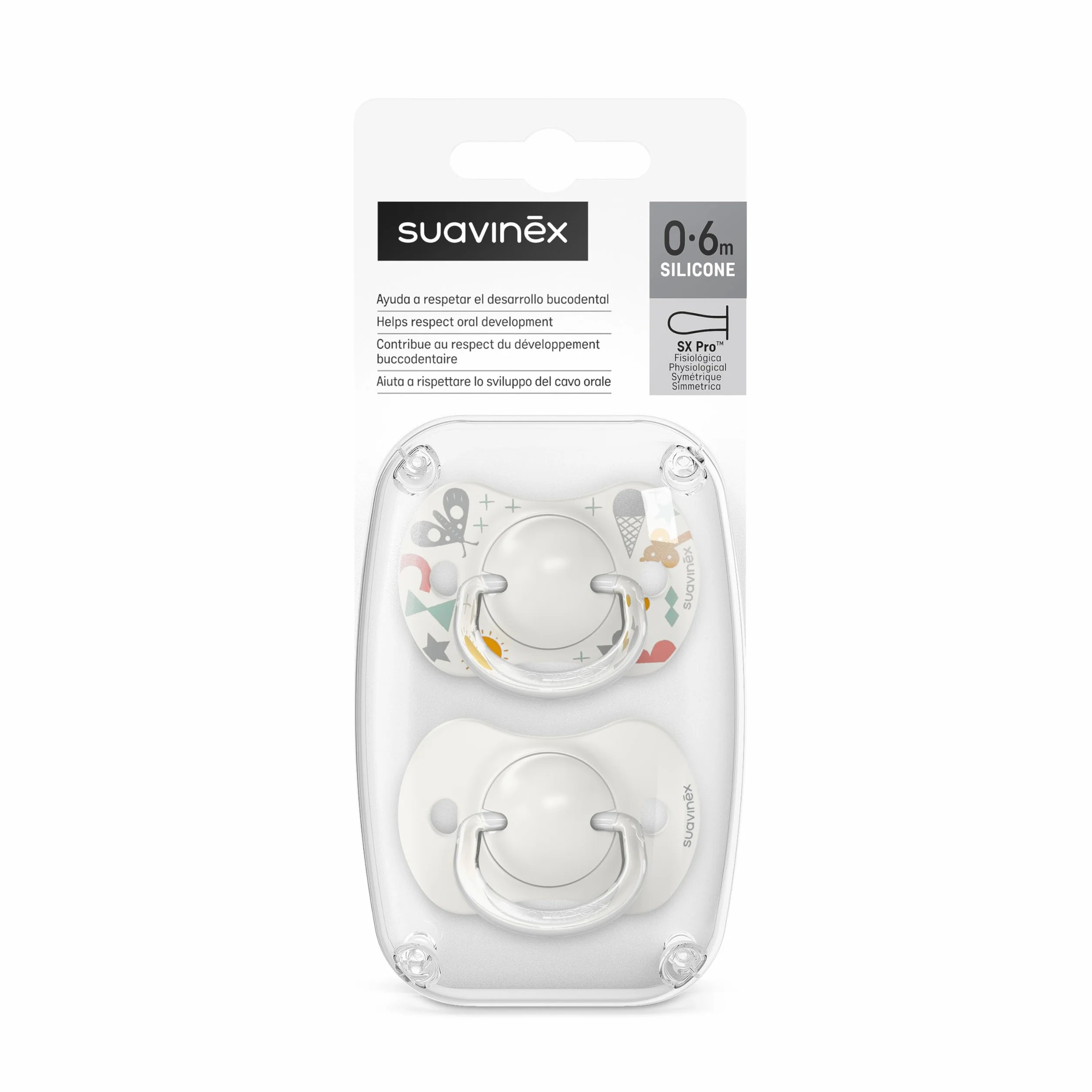 Suavinex SX Pro silikonowy smoczek, symetryczny smoczek, dla dzieci w wieku 0-6 miesięcy, smoczek dla niemowląt, z płaskim, elastycznym daszkiem, 2 szt
