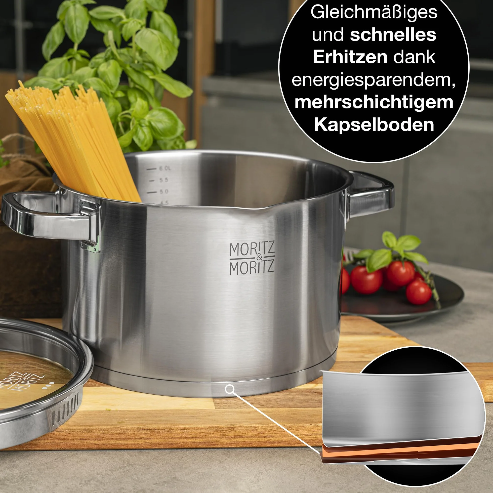 Moritz & Moritz Garnek do gotowania ze stali nierdzewnej 24 cm z sitkiem w pokrywie – skala do 6 l – nadaje się do wszystkich rodzajów kuchenek – idealny do zup i dań jednogarnkowych