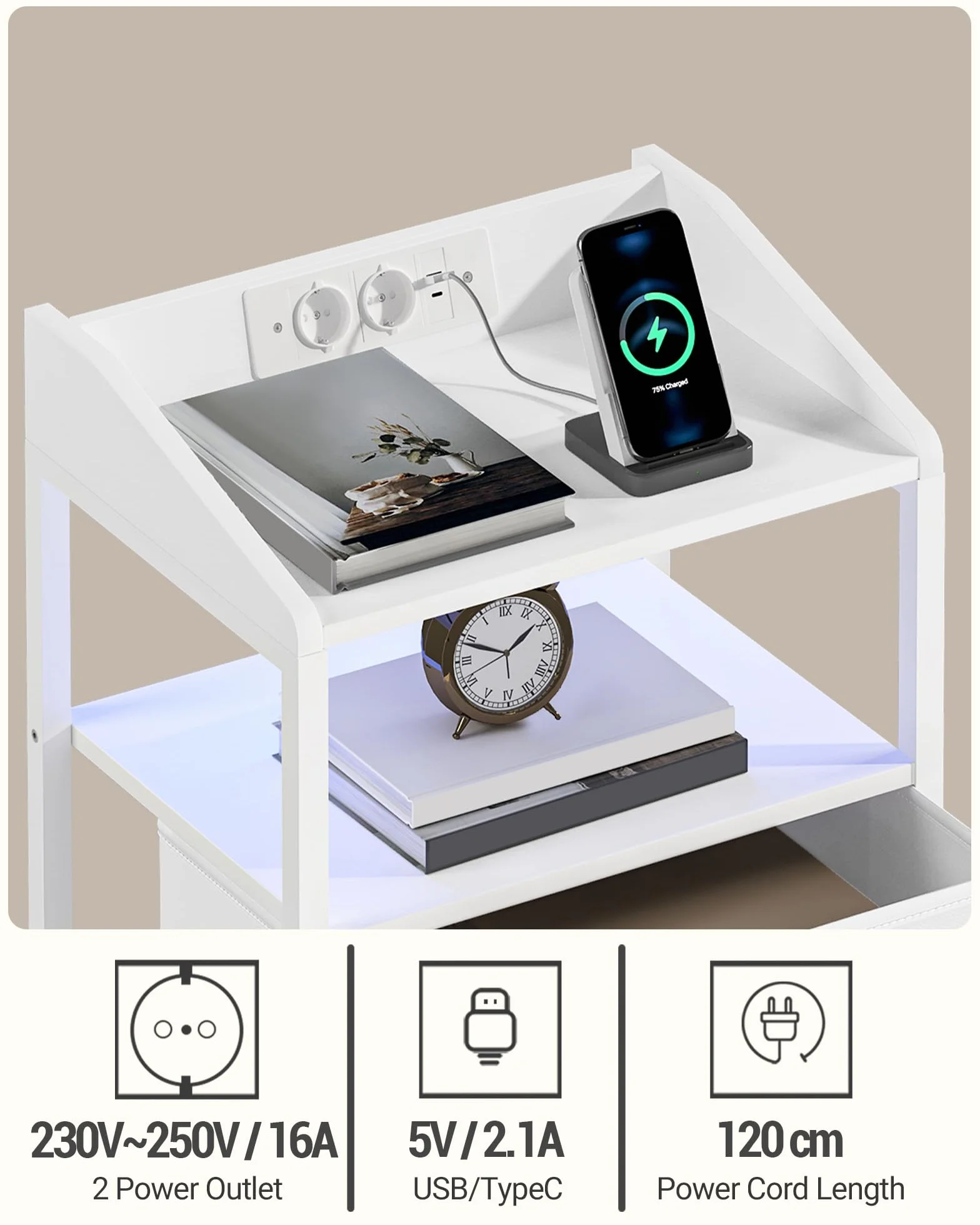 Hzuaneri Stolików nocnych z oświetleniem LED i stacją ładującą, szafki nocne z 2 szufladami z tkaniny, stolik boczny z portami USB, stoliki nocne do sypialni (Biały, 2er Set)